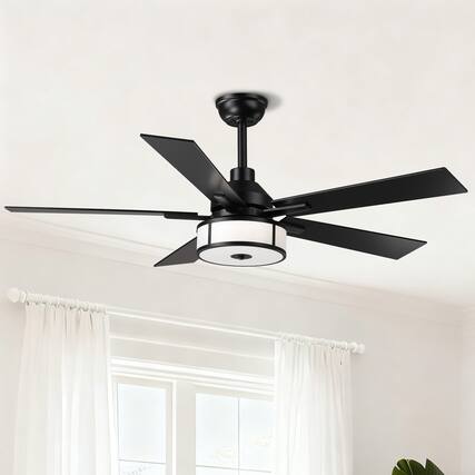 Front. Parrot Uncle - 52" Black Modern LED Ceiling Fan with Light and Remote - Black.