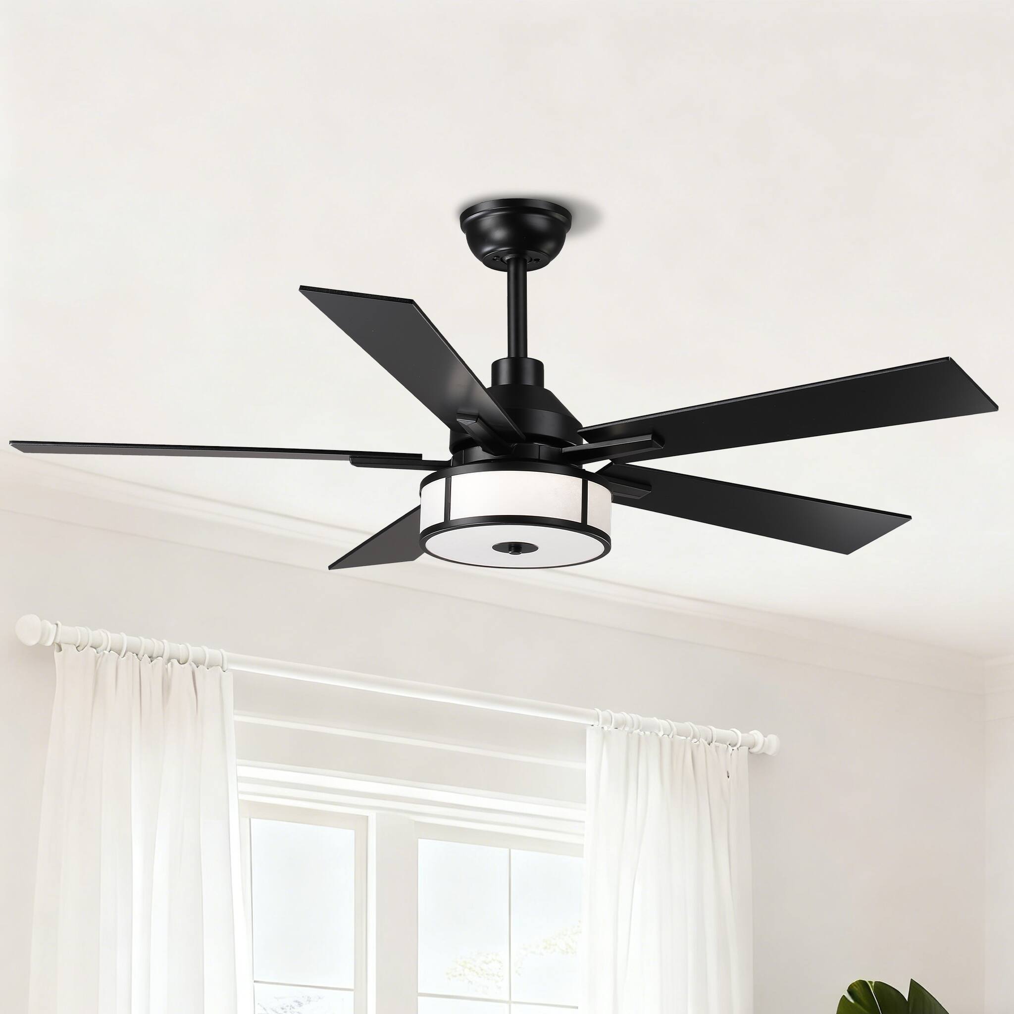 Front. Parrot Uncle - 52" Black Modern LED Ceiling Fan with Light and Remote - Black.