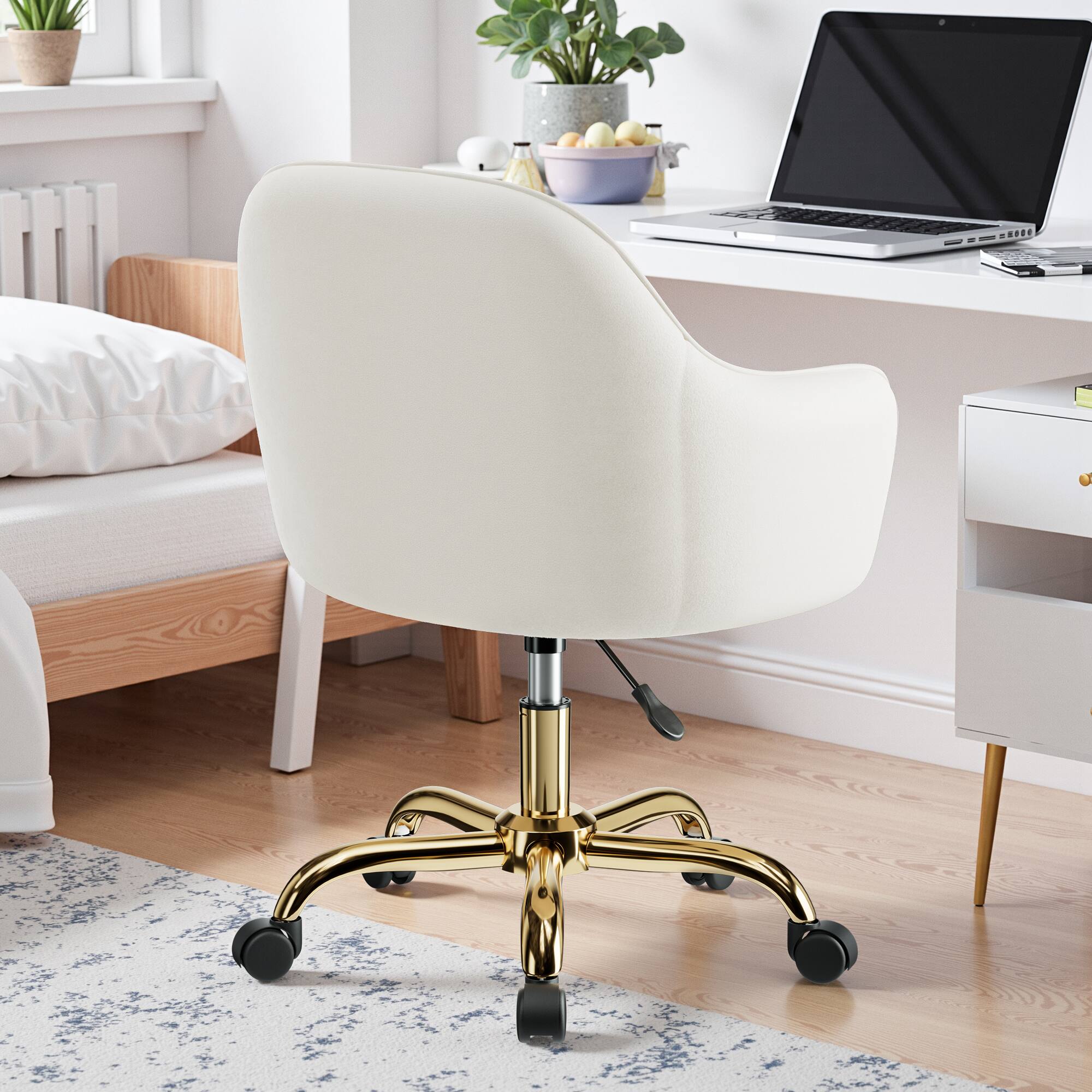 Back. Brick Attic - Vanity Chair with Wheels, Ergonomic Home Office Desk Chairs,Adjustable Velvet Swivel Makeup Stool for Living Room - Beige.