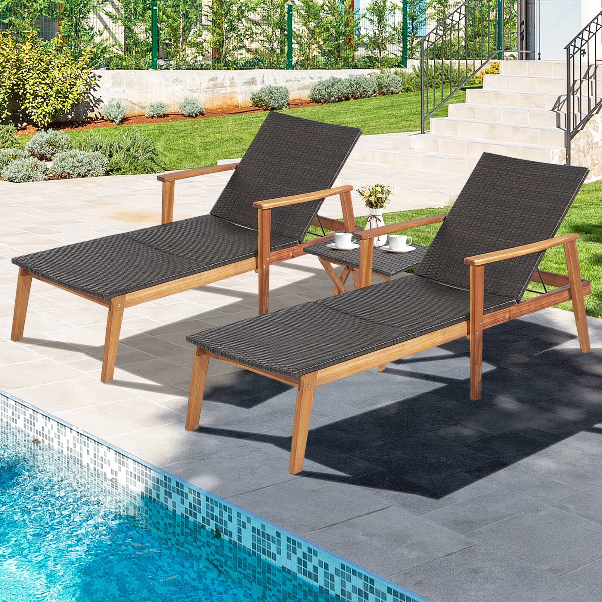 Alt View 2. Costway - Costway 2PCS Patio Rattan Lounge Chair Chaise Recliner Wood Back Adjust W/Folding Table - Mix Brown.