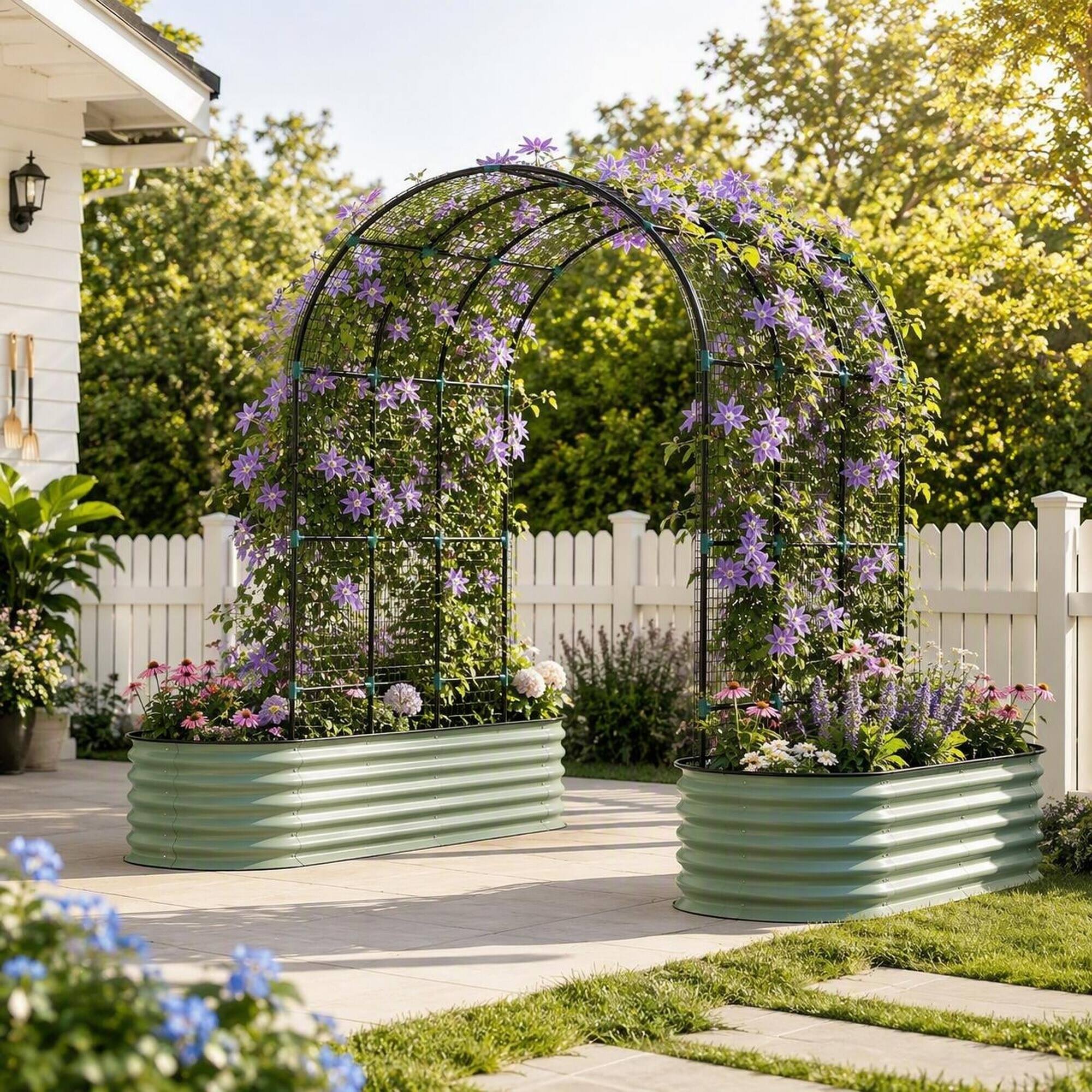 Back. RYHNUYNE - Raised Garden Bed Set with Arch Trellis and Climbing Net for Vegetables and Flowers, Galvanized Steel Planter - Green.