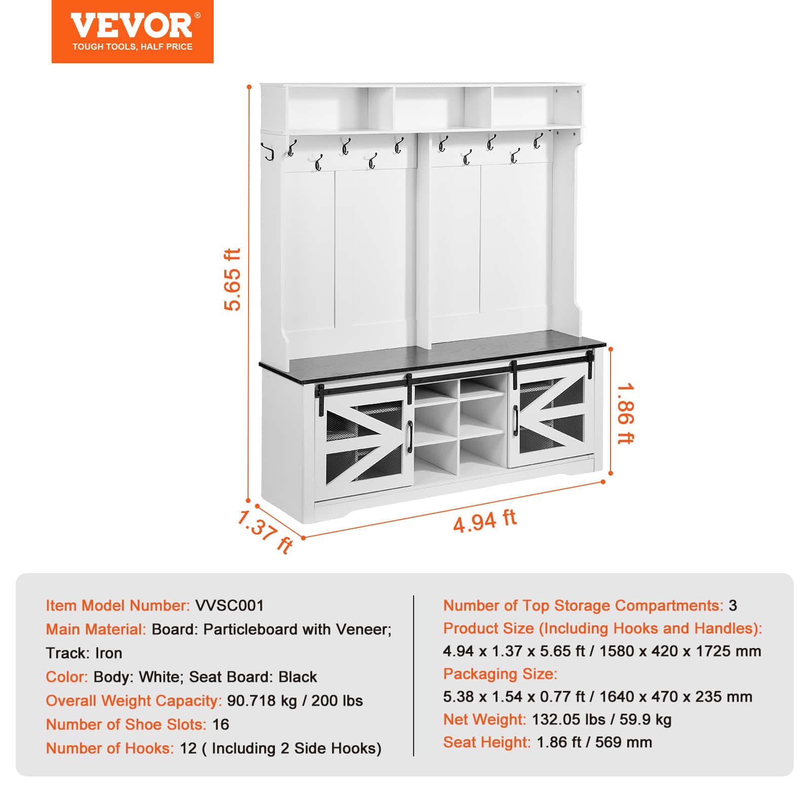 VEVOR Hall Tree Entryway Bench, LED Coat Rack with Shoe Storage