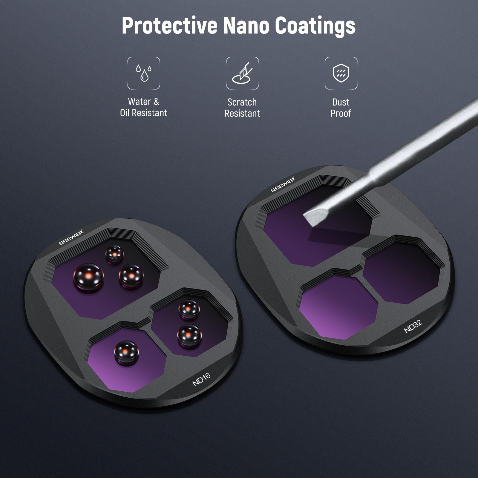 Protective Nano Coatings  
Water & Oil Resistant  
Scratch Resistant  
Dust Proof  

NEEWER ND32 ND16