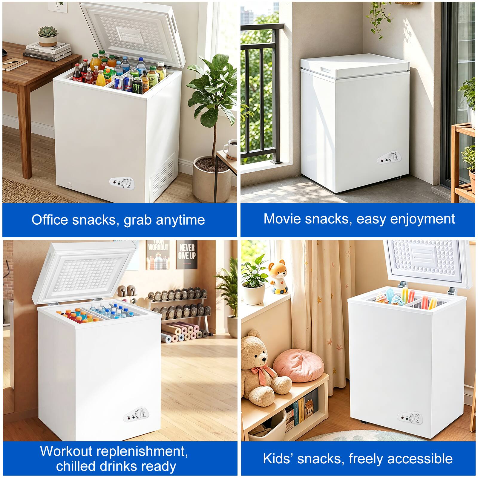 Office snacks, grab anytime  
Movie snacks, easy enjoyment  
Workout replenishment, chilled drinks ready  
Kids' snacks, freely accessible