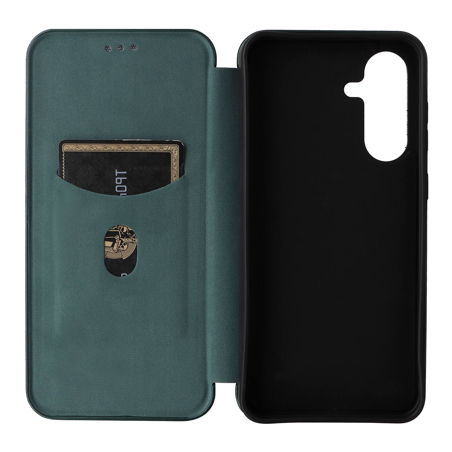 Left. Dteck - Carbon Fiber Texture Folio Phone Case for Samsung Galaxy A36 5G,PU Leather Magnetic Closure Hidden Card Slot Flip Cover - Green.