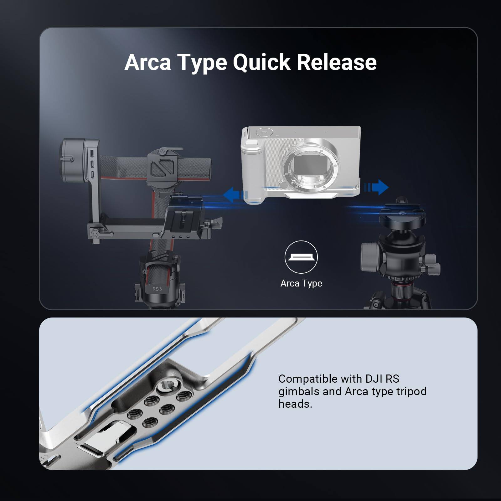 Arca Type Quick Release RS3  
Arca Type Compatible with DJI RS gimbals and Arca type tripod heads.