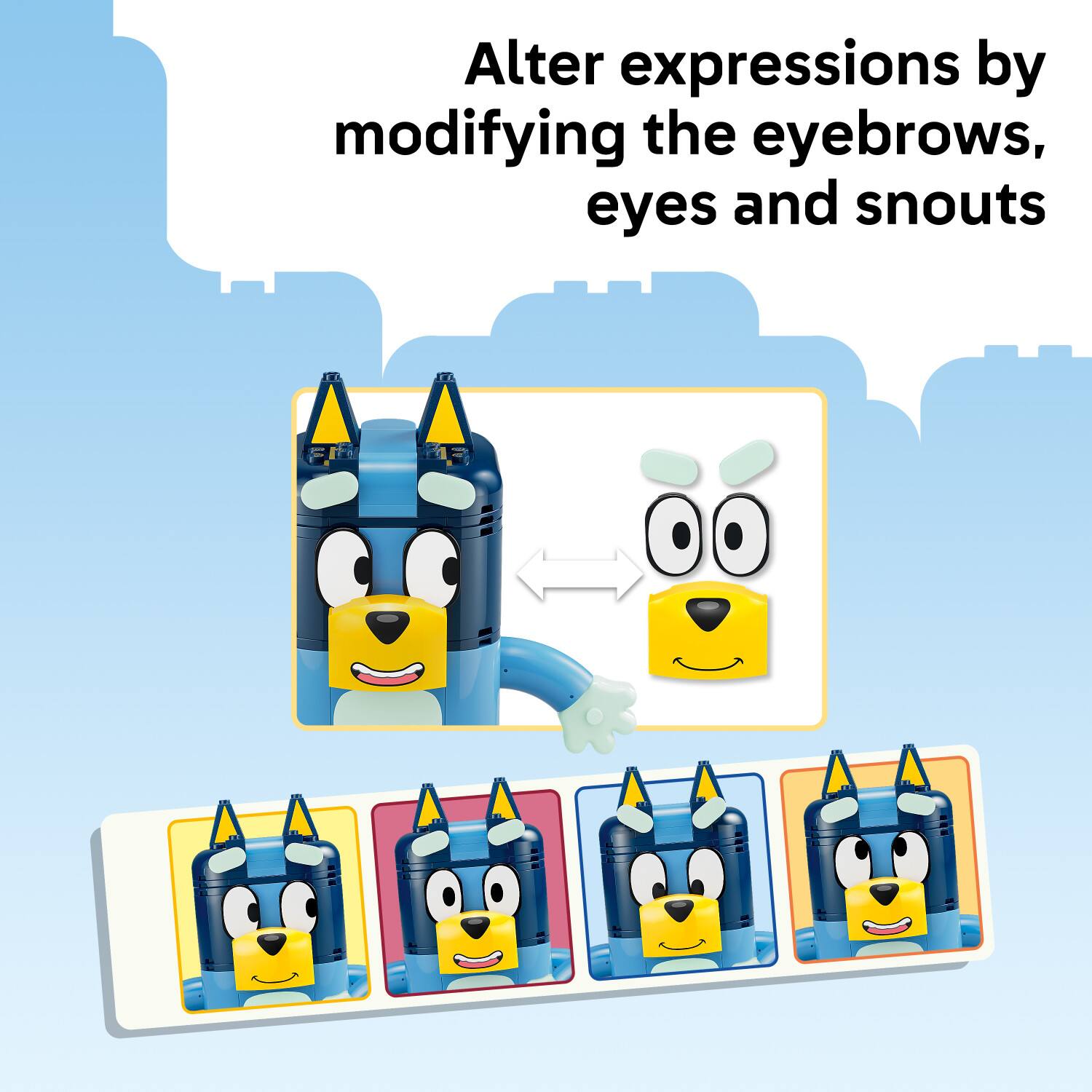 Alter expressions by modifying the eyebrows, eyes and snouts