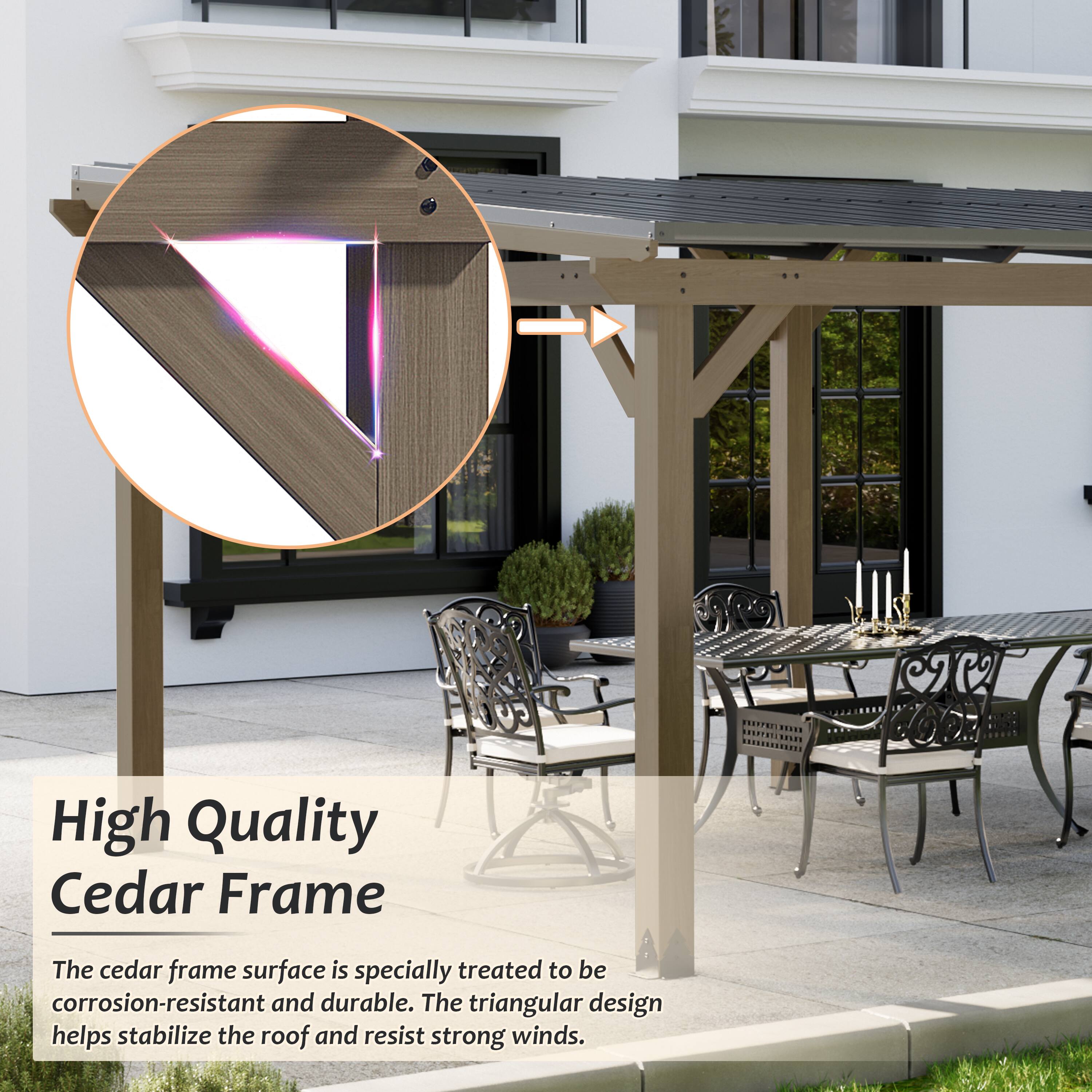 High Quality Cedar Frame

The cedar frame surface is specially treated to be corrosion-resistant and durable. The triangular design helps stabilize the roof and resist strong winds.