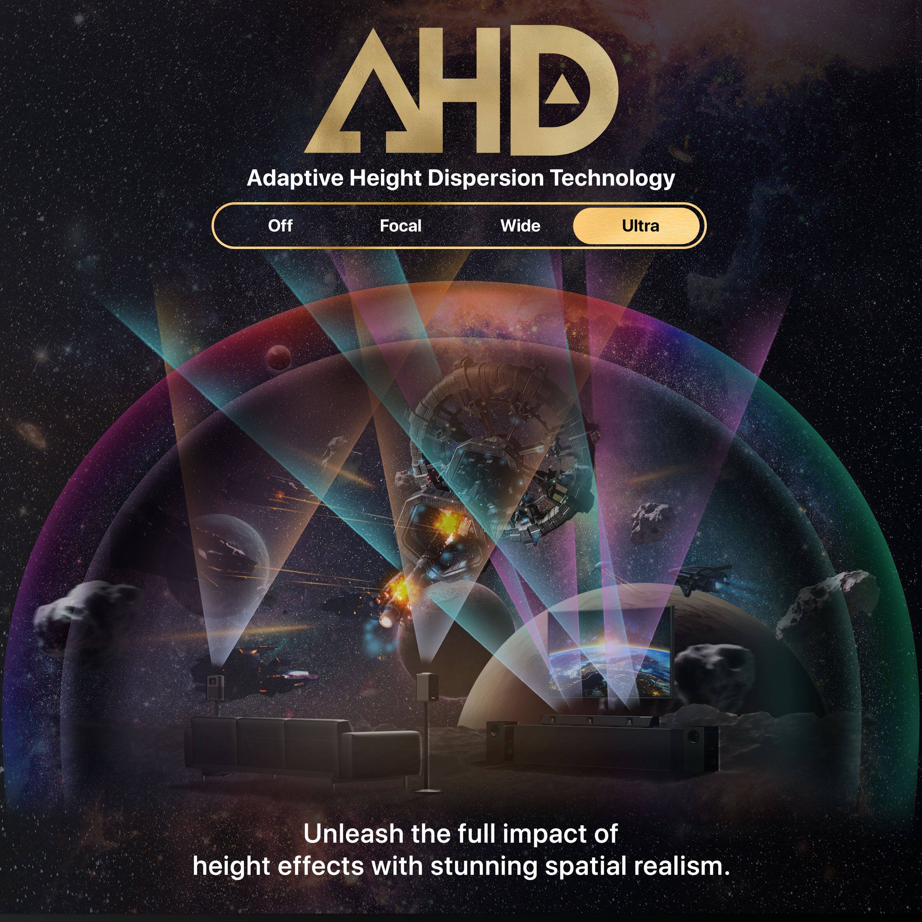 AHD Adaptive Height Dispersion Technology  
Off Focal Wide Ultra  

Unleash the full impact of height effects with stunning spatial realism.