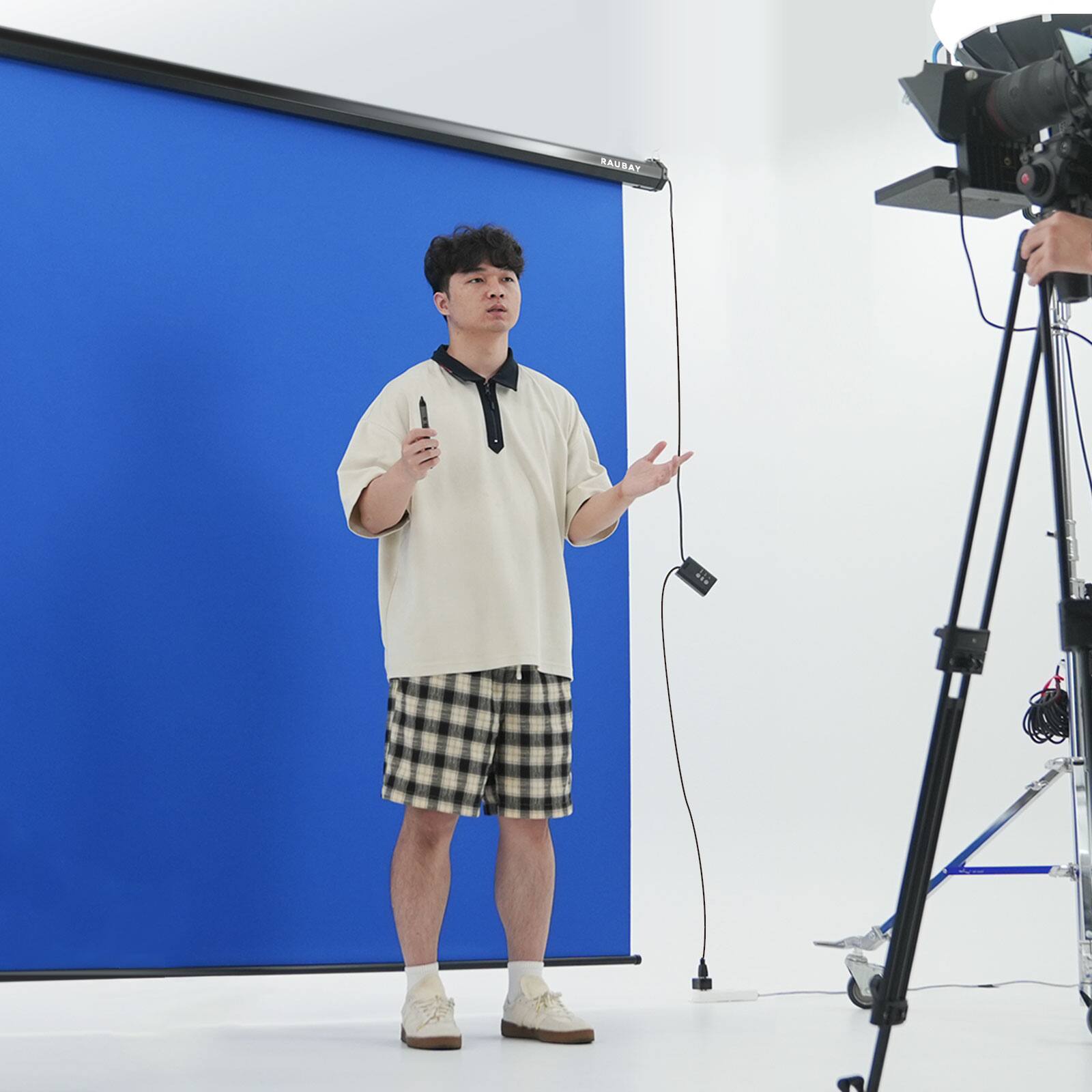 Alt View 1. RAUBAY - 6.7′ x 7.2′ Motorized Pull Down Blue Screen Collapsible Wall-Mount Background.