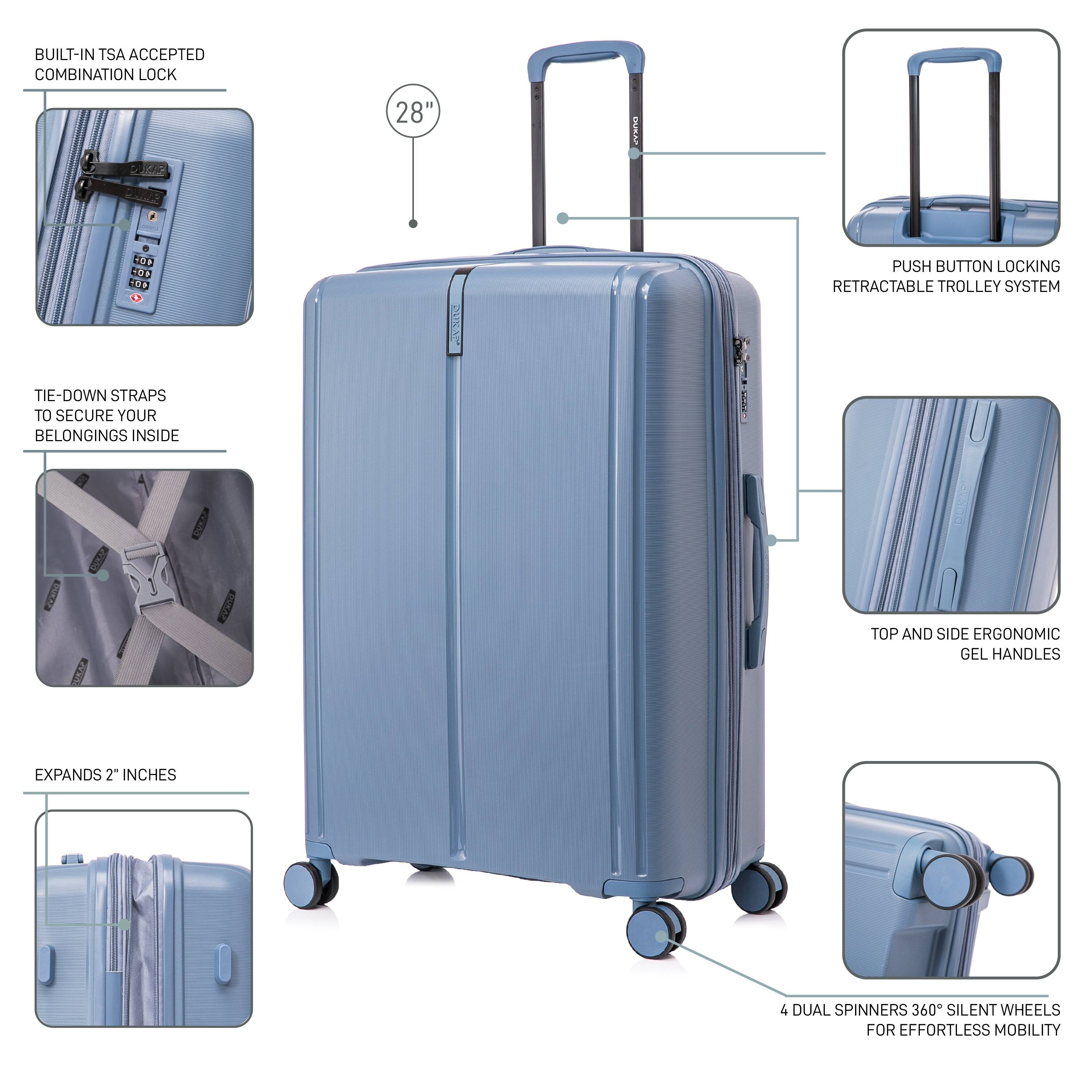 - Built-in TSA accepted combination lock
- 28" height
- Push button locking retractable trolley system
- Tie-down straps to secure your belongings inside
- Expands 2" inches
- Top and side ergonomic gel handles
- 4 dual spinners 360° silent wheels for effortless mobility
