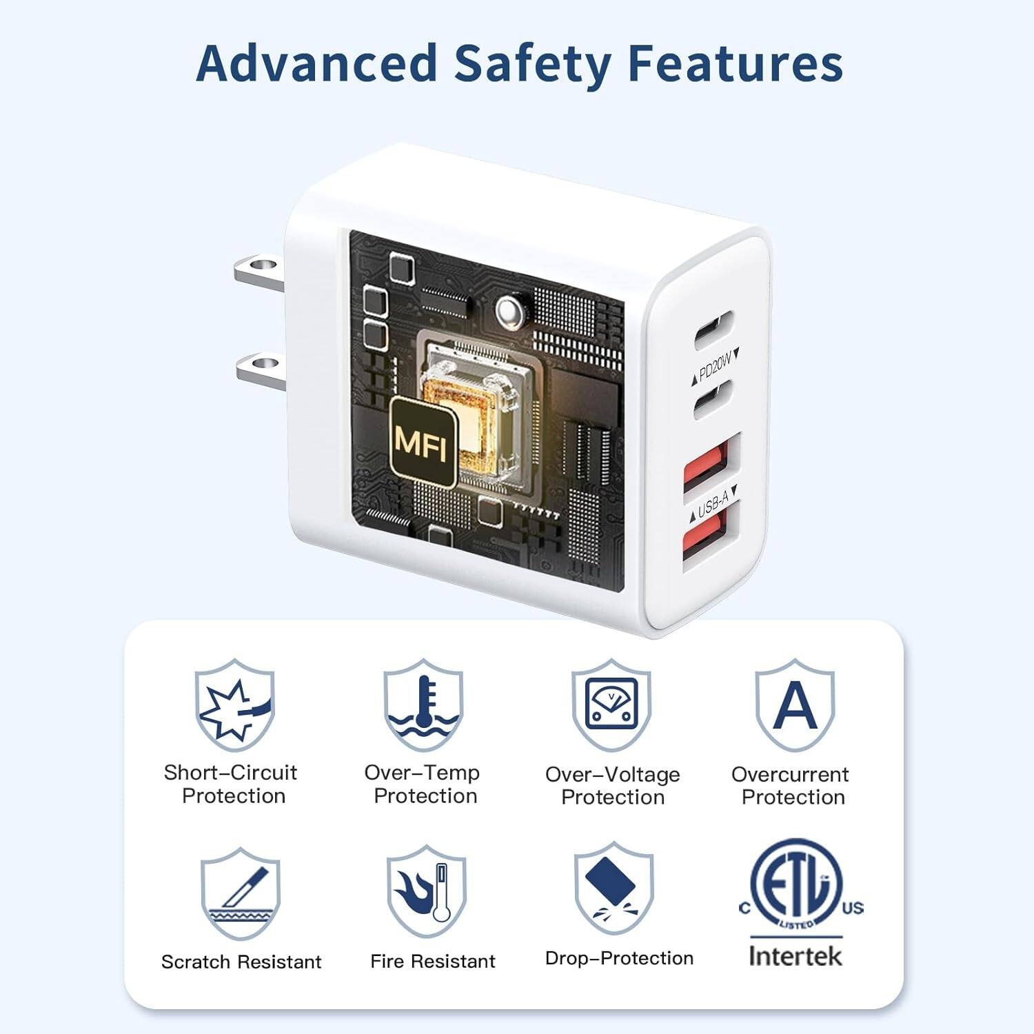 Advanced Safety Features: Short-Circuit Protection, Over-Temp Protection, Over-Voltage Protection, Overcurrent Protection, Scratch Resistant, Fire Resistant, Drop-Protection, C ETL US LISTED Intertek