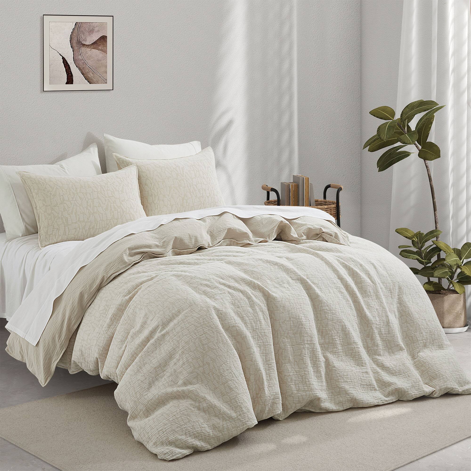 Angle. Peace Nest - Peace Nest Jacquard Cotton Linen Blend Duvet Cover Set, 3 Piece Bedding Set with Pillow Shams, Cobble, Full/Queen - Cobble.