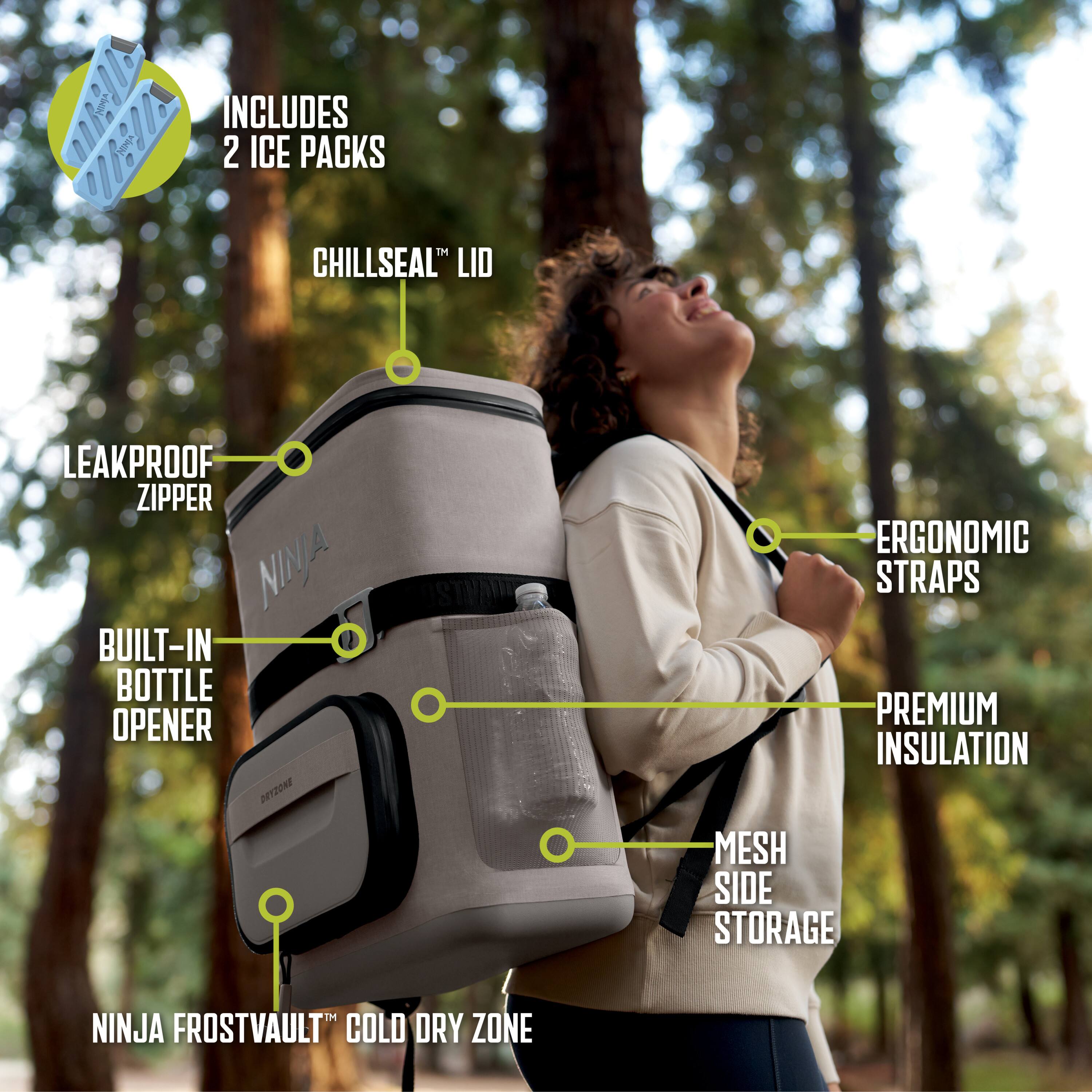 INCLUDES 2 ICE PACKS  
CHILLSEAL™ LID  
LEAKPROOF ZIPPER  
BUILT-IN BOTTLE OPENER  
ERGONOMIC STRAPS  
PREMIUM INSULATION  
MESH SIDE STORAGE  
NINJA FROSTVAULT™ COLD DRY ZONE
