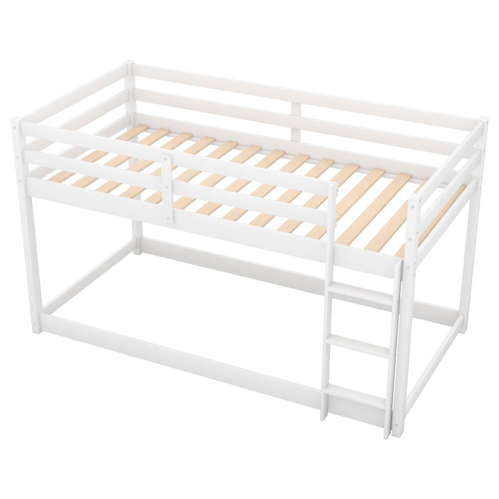 Alt View 1. Loheer - Loheer Twin Over Twin Floor Bunk Bed White Solid Wood Kids Low Bunk Bed with Ladder - White.