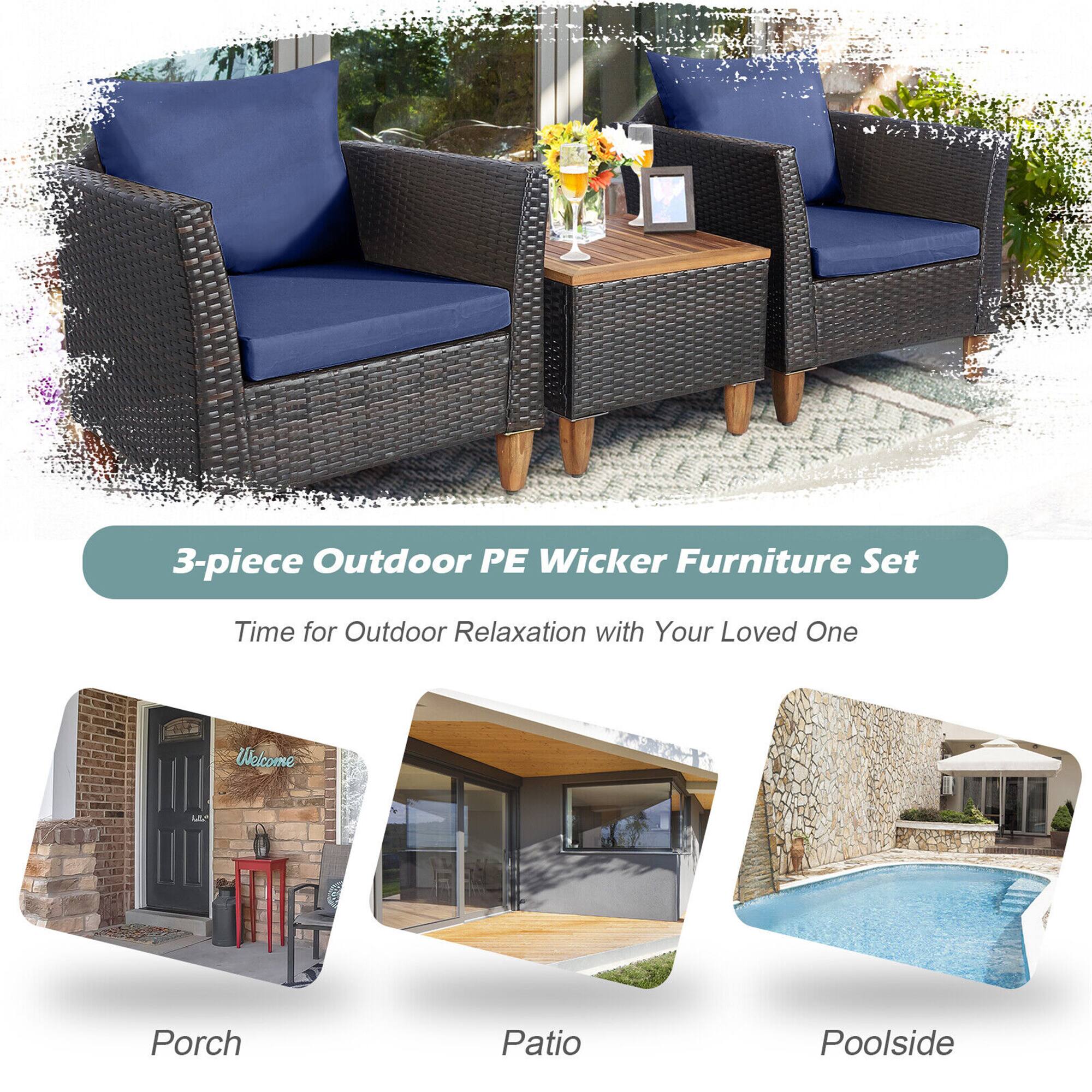 3-piece Outdoor PE Wicker Furniture Set

Time for Outdoor Relaxation with Your Loved One

Porch  
Patio  
Poolside