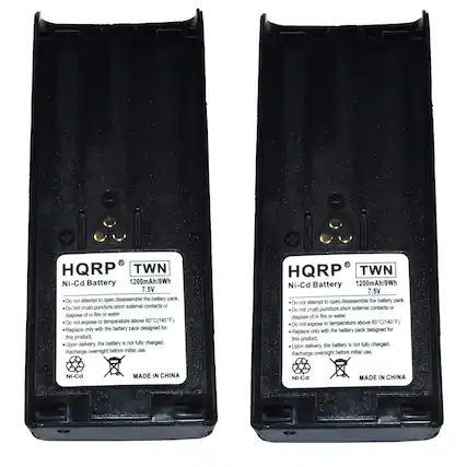 HQRP TWN Ni-Cd Battery 1200mAh/9Wh 7.5V
Do not attempt to open, disassemble the battery pack. Do not crush, puncture, short external contacts or dispose of in fire or water. Do not expose to temperature above 60°C (140°F). Replace only with the battery pack designed for this product. Upon delivery, the battery is not fully charged. Recharge overnight before initial use.
HQRP TWN Ni-Cd Battery 1200mAh/9Wh 7.5V
Do not attempt to open, disassemble the battery pack. Do not crush, puncture, short external contacts or dispose of in fire or water. Do not expose to temperature above 60°C (140°F). Replace only with the battery pack designed for this product. Upon delivery, the battery is not fully charged. Recharge overnight before initial use.
NI-Cd MADE IN CHINA