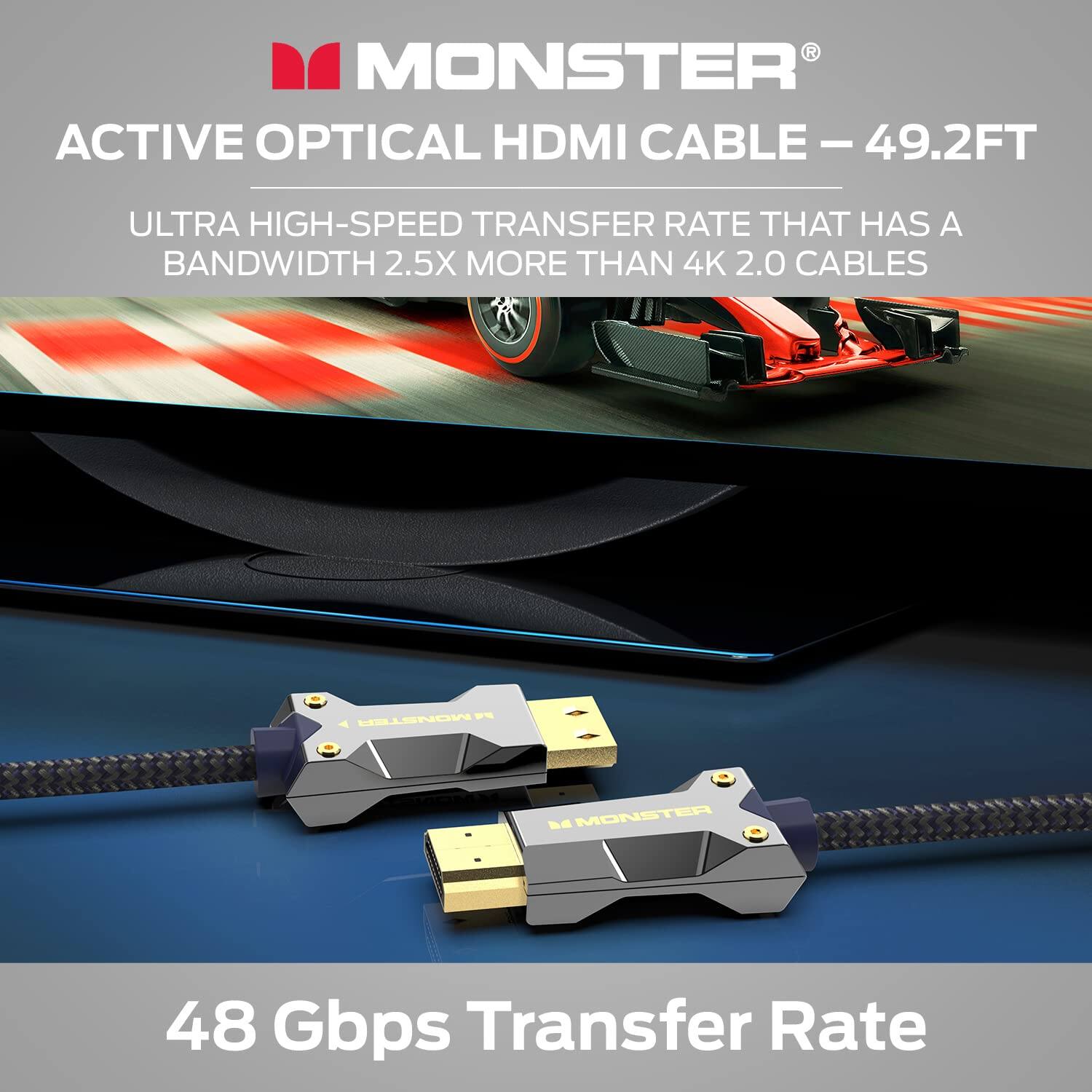 MONSTER ACTIVE OPTICAL HDMI CABLE - 49.2FT - ULTRA HIGH-SPEED TRANSFER RATE THAT HAS A BANDWIDTH 2.5X MORE THAN 4K 2.0 CABLES - 48 Gbps Transfer Rate