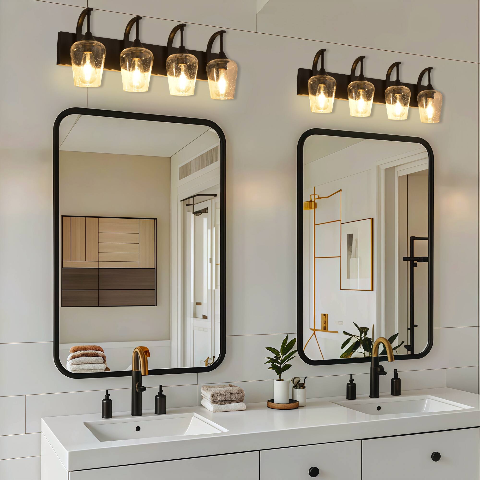 Left. RYHNUYNE - Black Bathroom Light Fixtures,4-Light Industrial Vanity Light with Clear Glass Shades,Bathroom Wall Lamp Over Mirror - Black.