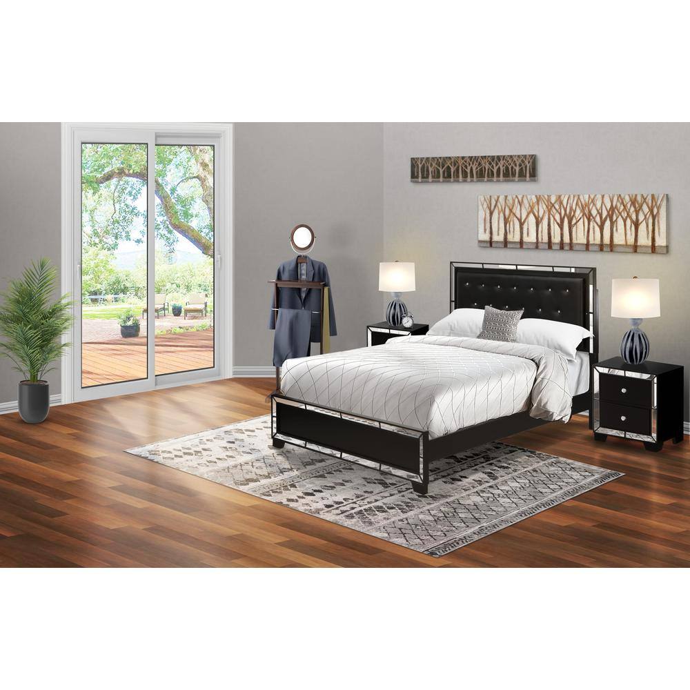Alt View 4. East West Furniture - NE11-Q2N000 3-PC Nella Bedroom Set with Button Tufted Queen Bedframe and 2 Modern Nightstands - Black Leather Headboard - Black.