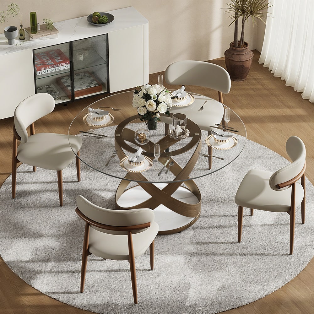 POVISON - 51" Modern Glass Round Dining Table for 4, Clear Tempered Glass Circle Tabletop with Bronze X Carbon Steel Base - Clear Tempered Glass with Bronze