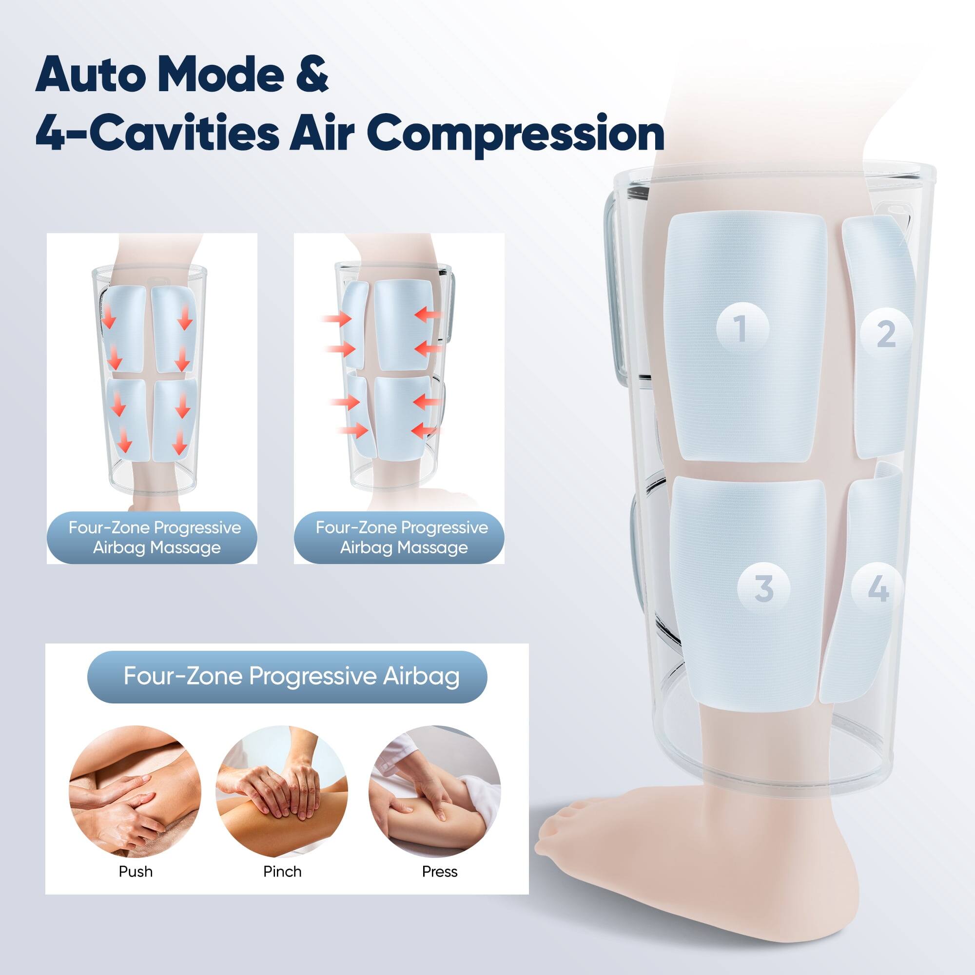 Auto Mode & 4-Cavities Air Compression

1
2
Four-Zone Progressive Airbag Massage
Four-Zone Progressive Airbag Massage
3
4
Four-Zone Progressive Airbag

Push
Pinch
Press