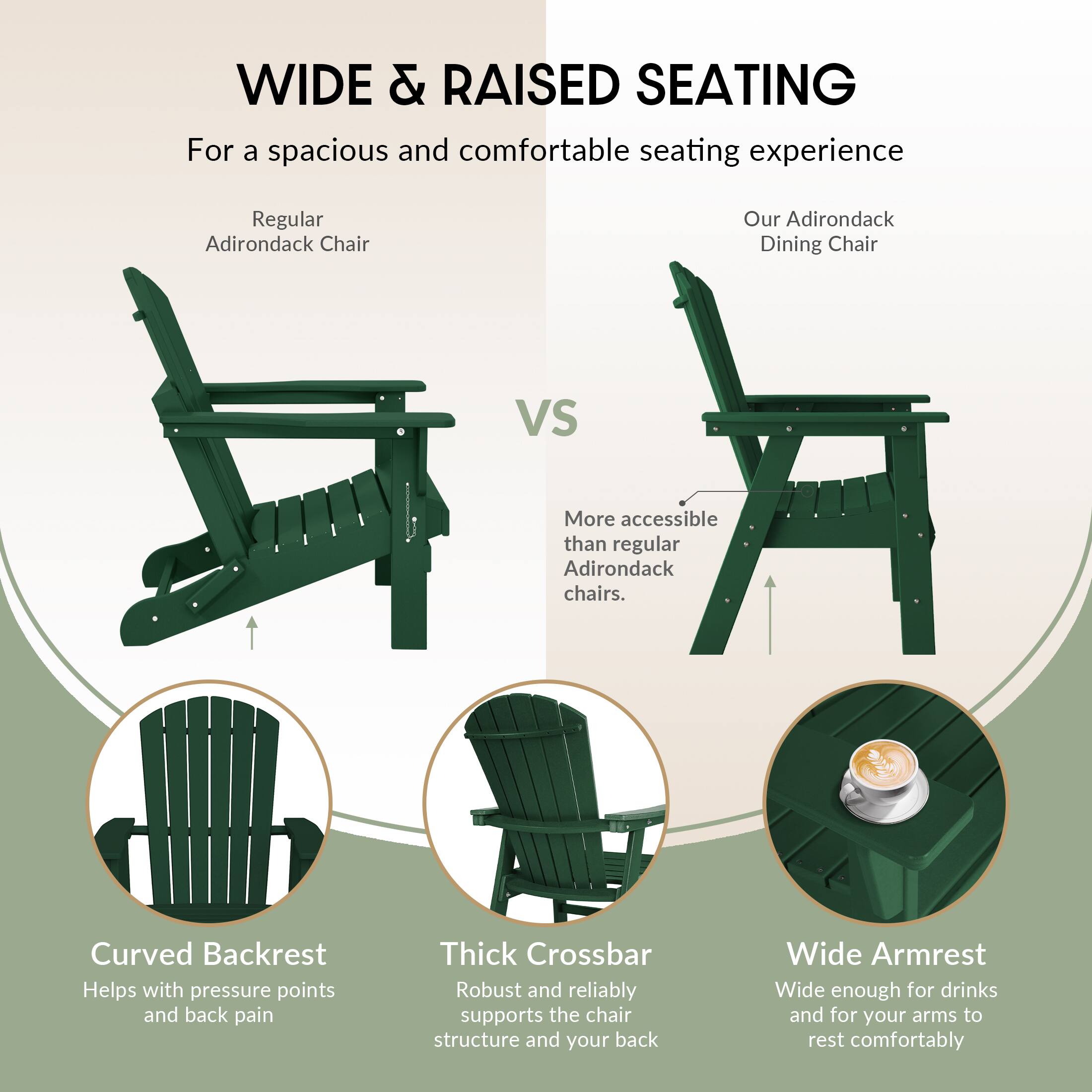 WIDE & RAISED SEATING  
For a spacious and comfortable seating experience

Regular Adirondack Chair  
VS  
Our Adirondack Dining Chair  
More accessible than regular Adirondack chairs.

- Curved Backrest  
  Helps with pressure points and back pain

- Thick Crossbar  
  Robust and reliably supports the chair structure and your back

- Wide Armrest  
  Wide enough for drinks and for your arms to rest comfortably