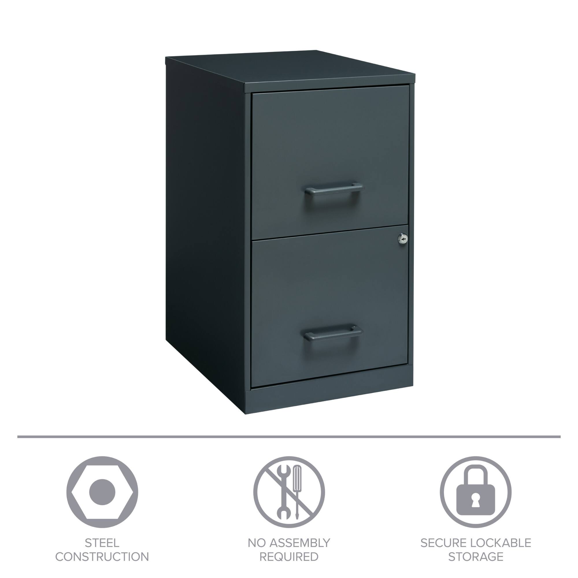 The text on the image is grouped as follows:

1. Steel Construction: This refers to the material used in the construction of the cabinet.
2. No Assembly Required: This indicates that the cabinet is ready to use without any additional assembly or installation required.
3. Secure Lockable Storage: This suggests that the cabinet provides a secure and lockable storage solution.
