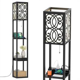 Gymax - Modern Standing Shelf Floor Lamp w/ 1 Power Outlet and 2 USB Ports for Living Room - Black
