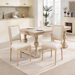 Loheer - French Country Dining Chairs Set of 2 Upholstered Square Back Solid Wood - Beige