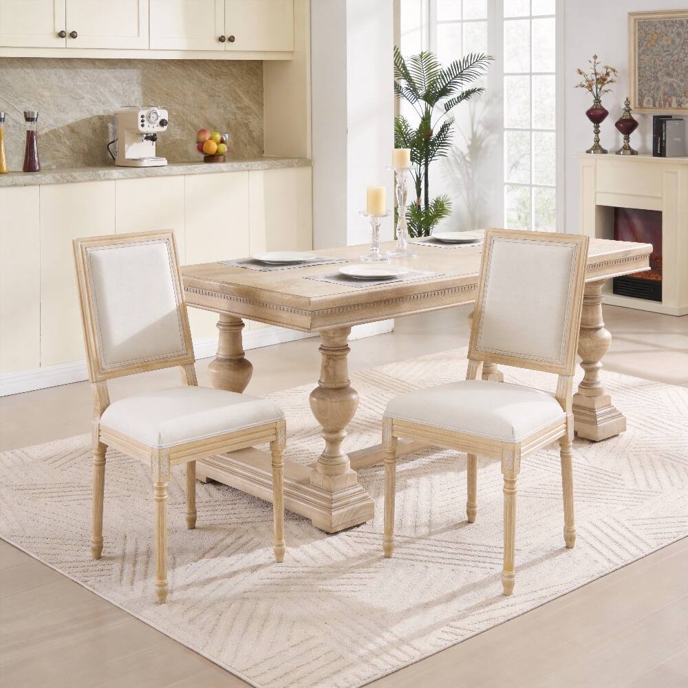 Front. Loheer - Loheer French Country Dining Chairs Set of 2 Upholstered Square Back Beige Solid Wood - Beige.