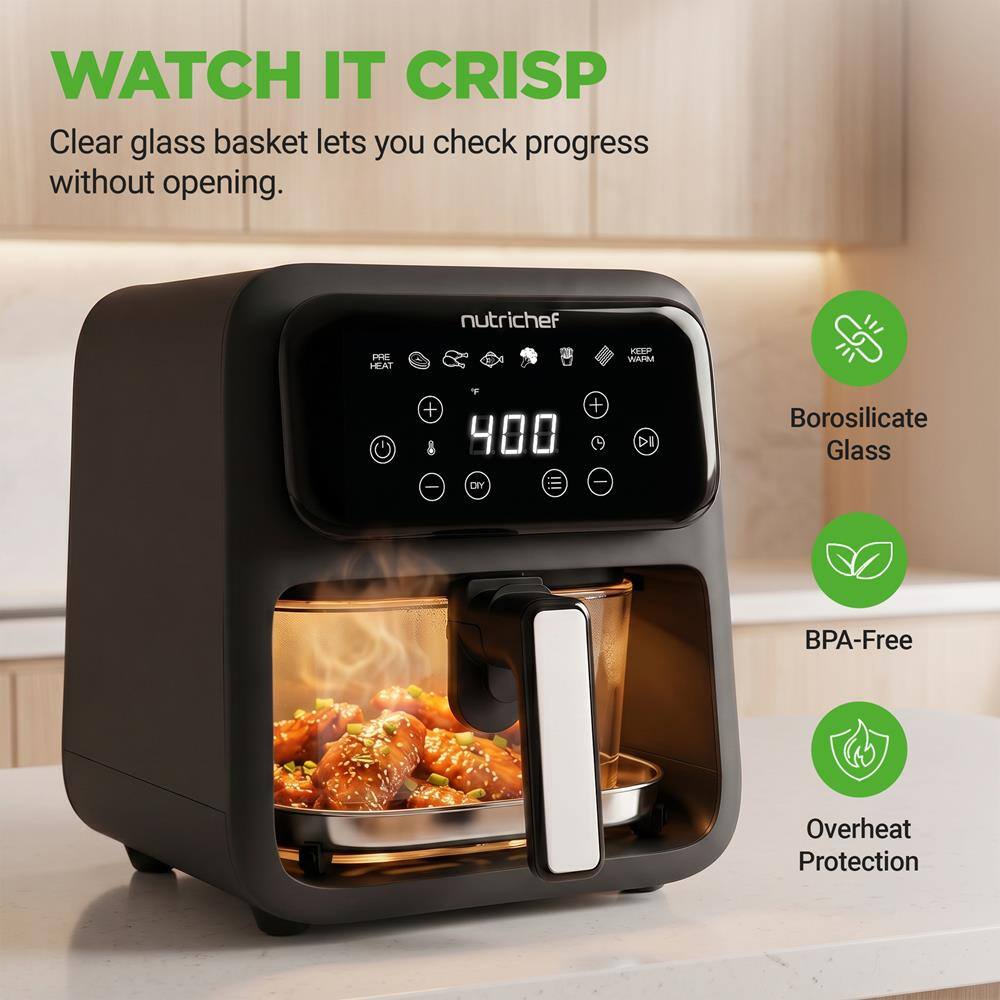 WATCH IT CRISP  
Clear glass basket lets you check progress without opening.  

nutrichef  
PRE HEAT  
KEEP WARM  
F + 400 - DIY ii  
DI  

Borosilicate Glass  
BPA-Free  
Overheat Protection