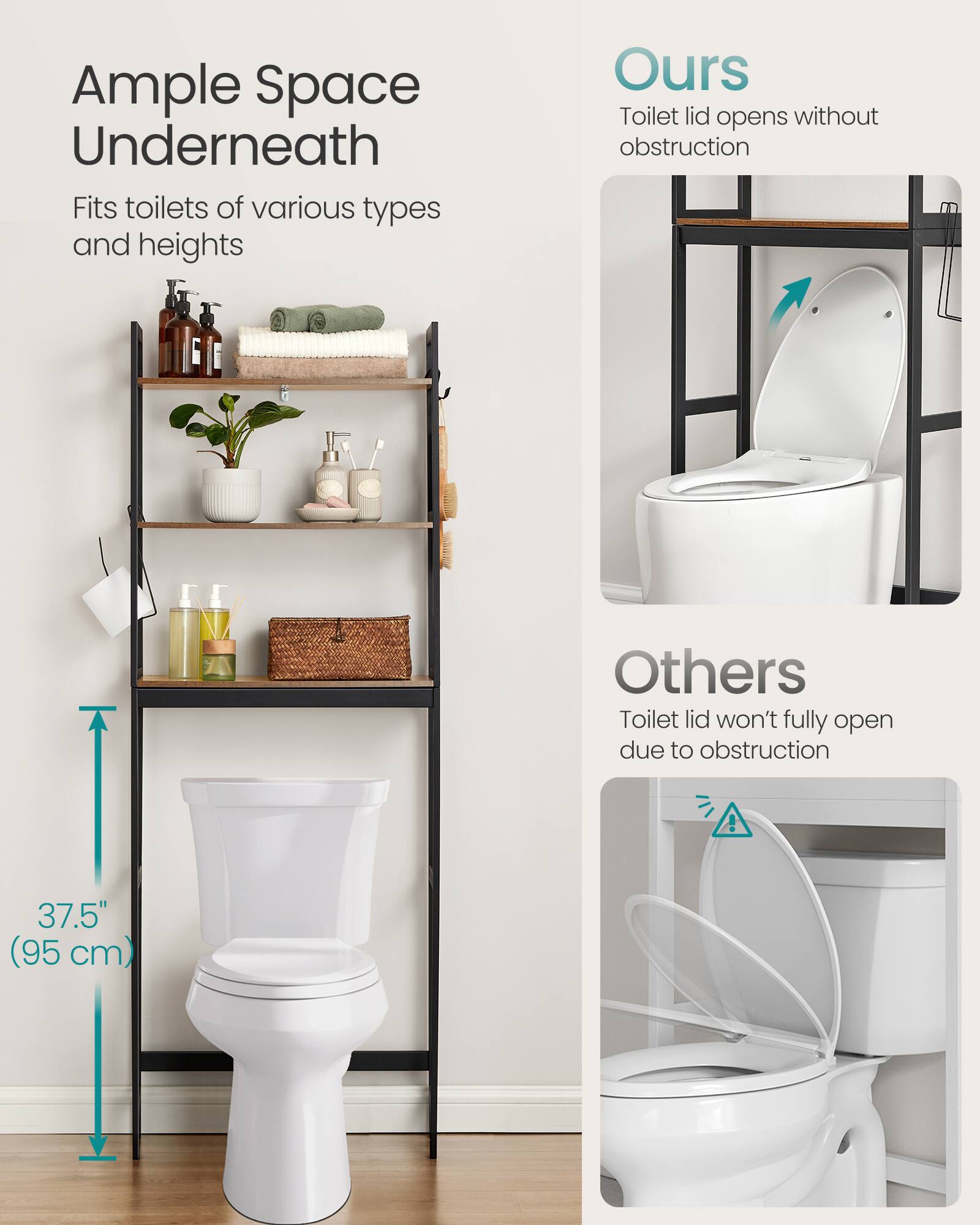 Ample Space Underneath  
Fits toilets of various types and heights  

Ours  
Toilet lid opens without obstruction  

Others  
Toilet lid won't fully open due to obstruction  

37.5" (95 cm)