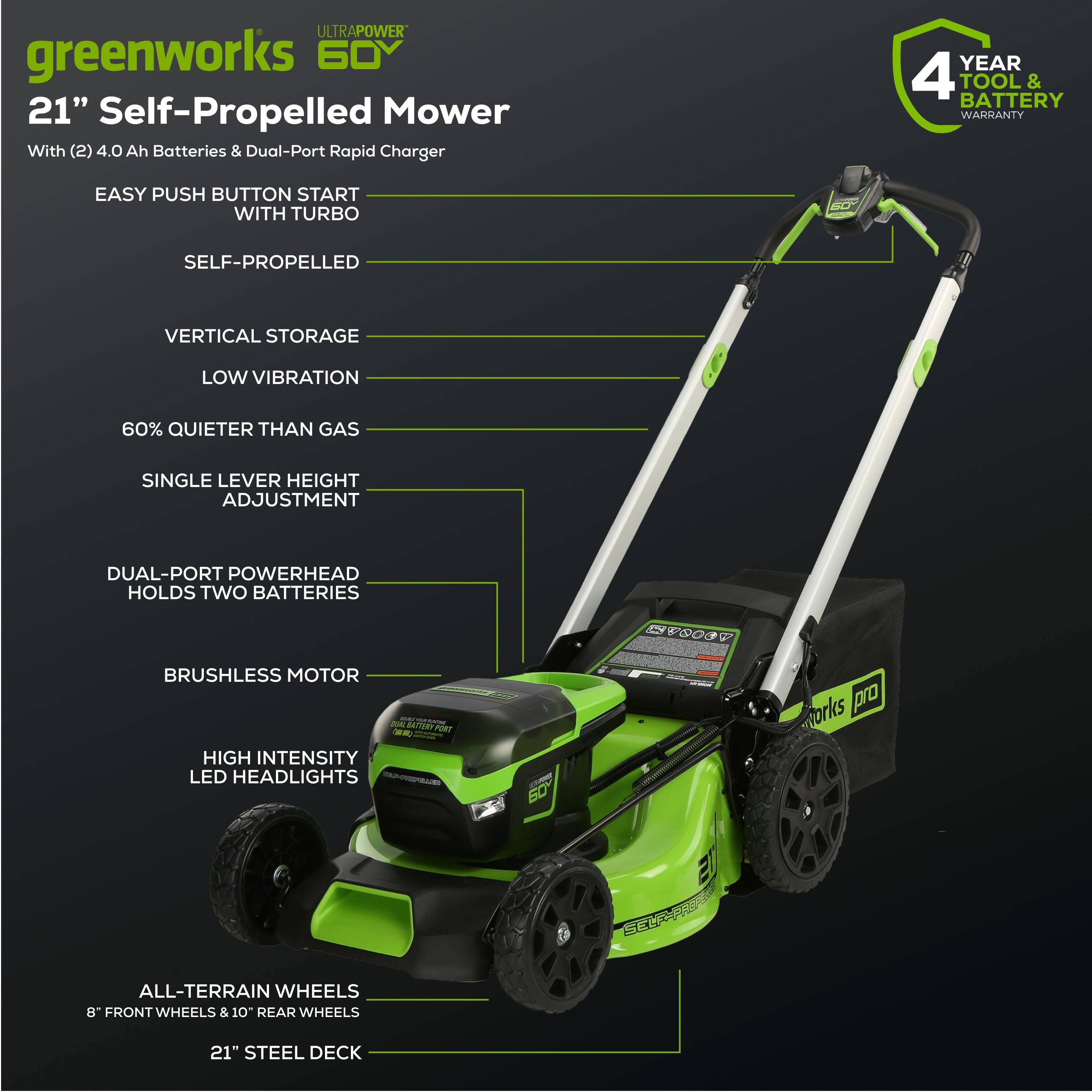 ULTRAPOWER greenworks 60V 21" Self-Propelled Mower With (2) 4.0 Ah Batteries & Dual-Port Rapid Charger

- YEAR 4 TOOL & BATTERY WARRANTY
- EASY PUSH BUTTON START WITH TURBO
- SELF-PROPELLED
- VERTICAL STORAGE
- LOW VIBRATION
- 60% QUIETER THAN GAS
- SINGLE LEVER HEIGHT ADJUSTMENT
- DUAL-PORT POWERHEAD HOLDS TWO BATTERIES
- BRUSHLESS MOTOR
- HIGH INTENSITY LED HEADLIGHTS
- ALL-TERRAIN WHEELS
- 8" FRONT WHEELS & 10" REAR WHEELS
- 21" STEEL DECK