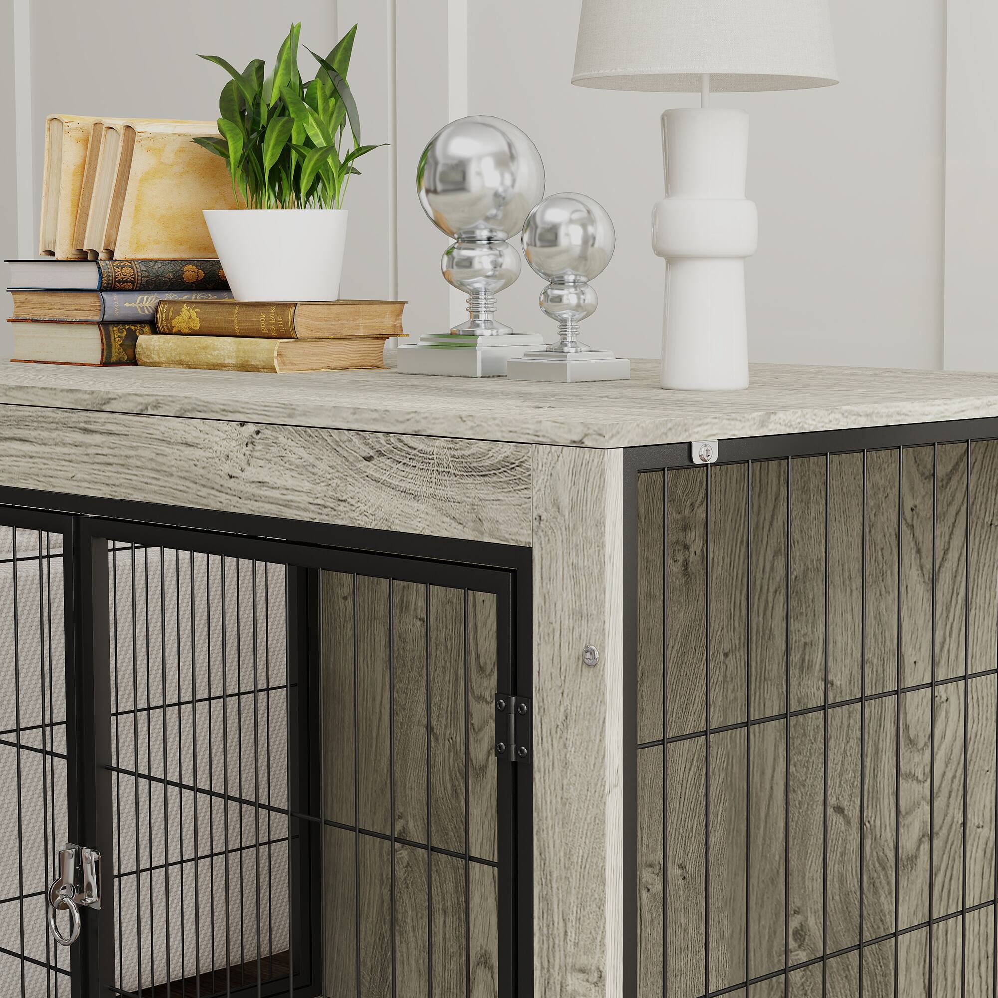 Alt View 5. Pawhut - 39" Dog Crate Furniture, with Wheels, Interchangeable Side Door, Dog Cage End Table, for Large Dogs.