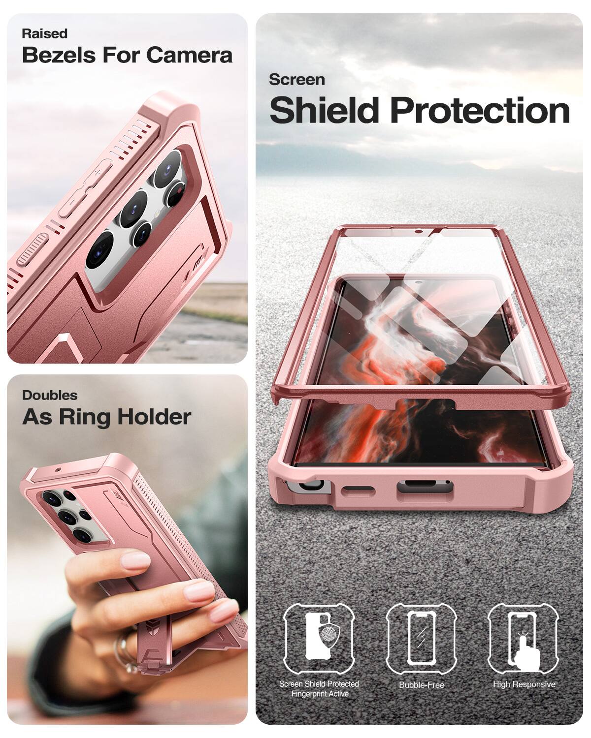 Raised Bezels For Camera, Screen Shield Protection, Doubles As Ring Holder, Screen Shield Protected, Fingerprint Active, Bubble-Free, High Responsive