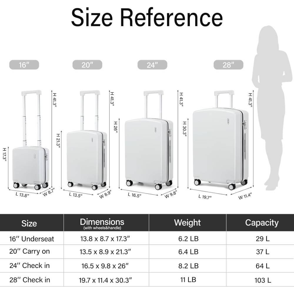 Sure, here is the corrected and grouped text:

---

**Size Reference**

| Size          | Dimensions (with wheels & handle) | Weight | Capacity |
|---------------|-------------------------------|--------|----------|
| 16" Underseat  | 13.8" x 8.7" x 17.3"            | 6.2 LB | 29 L     |
| 20" Carry on  | 13.5" x 8.9" x 21.3"            | 6.4 LB | 37 L     |
| 24" Check in  | 16.5" x 9.8" x 26"              | 8.2 LB | 64 L     |
| 28" Check in  | 19.7" x 11.4" x 30.3"           | 11 LB  | 103 L    |

---

**Dimensions:**

- 16": H41.3", W8.7", L13.8"
- 20": H41.3", W8.9", L13.