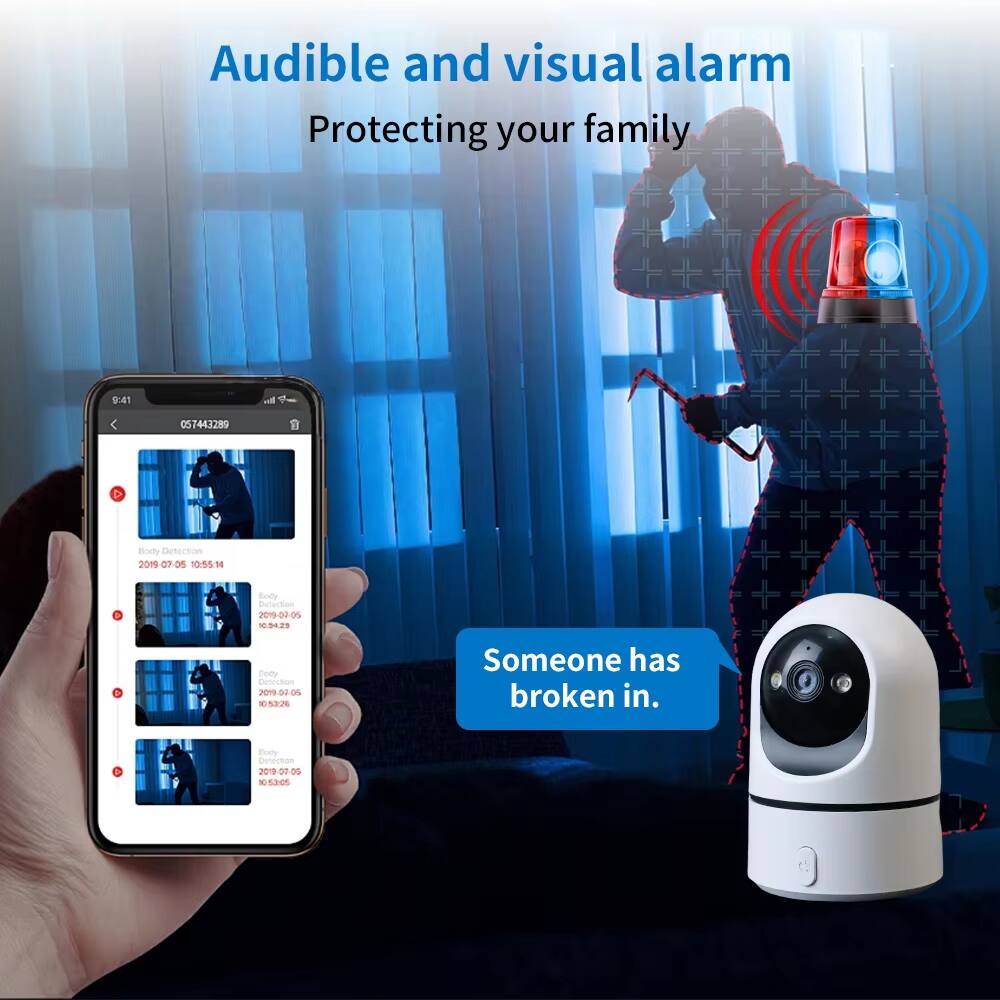 Audible and visual alarm  
Protecting your family  

9:41  
057443289  

Body Detection  
2019-07-05 10:55:14  

Body Detection  
2019-01-05 82 3  

Geity Cimtetuon  
2019.00.0%  

Someone has broken in.