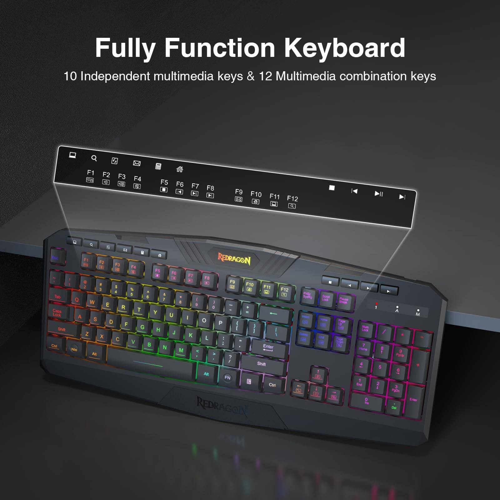 Fully Function Keyboard  
10 Independent multimedia keys & 12 Multimedia combination keys

F1  
F2  
F3  
F4  
F5  
F6  
F7  
F8  
F9  
F10  
F11  
F12

Q  
W  
E  
R  
T  
Y  
U  
I  
O  
P  
A  
S  
D  
F  
G  
H  
J  
K  
L  
Z  
X  
C  
V  
B  
N  
M

Tab  
Caps Lock  
Shift  
Ctrl  
Win  
Alt  
Enter

REDRAGON