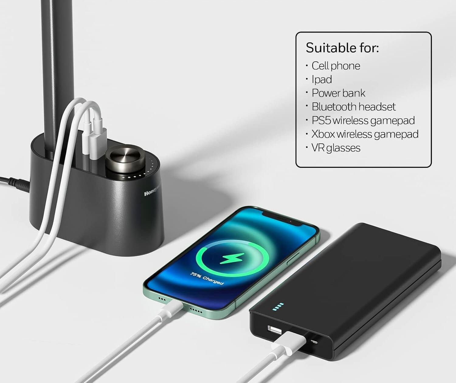 Suitable for: Cell phone, Ipad, Power bank, Bluetooth headset, PS5 wireless gamepad, Xbox wireless gamepad, VR glasses. 75% Charged.