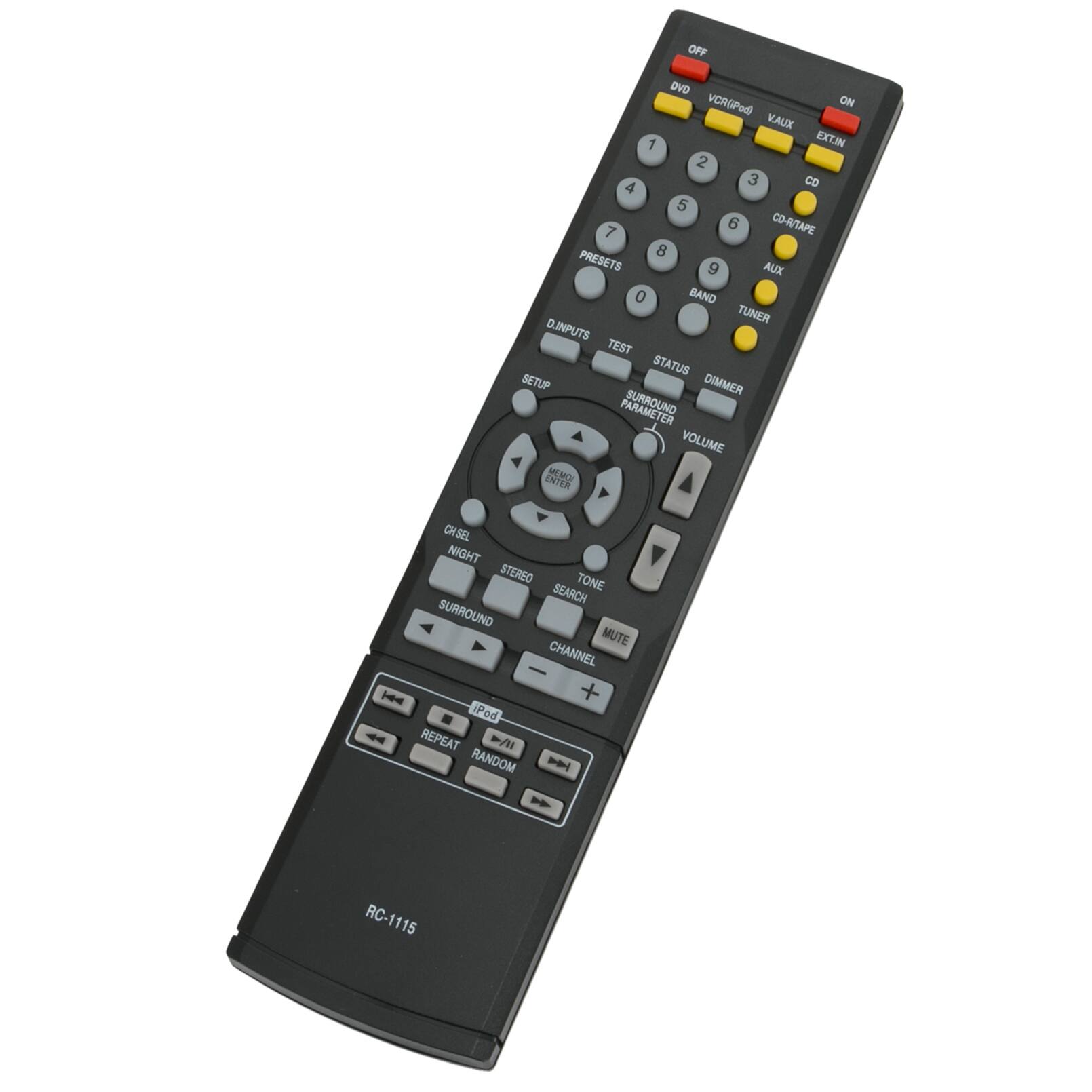 Sure, here is the corrected and grouped text from the image:

**Top Section:**
- OFF
- ON
- DVD
- VCR
- iPod
- VAUX
- EXTIN
- 1
- 2
- 3
- CD
- 4
- 5
- 6
- CD-TAPE
- 7
- 8
- PRESETS
- 9
- AUX
- 0
- BAND
- TUNER
- D.INPUTS
- TEST
- STATUS
- SETUP
- DIMMER
- SURROUND
- VOLUME
- ENTEN
- MEMO
- CHSEL
- NIGHT
- STEREO
- TONE
- SEARCH
- SURROUND
- MUTE
- CHANNEL
- - | +
- iPod
- REPEAT /1
- RANDOM
- RC-1115

**Middle Section:**
- PRESETS
- BAND
- TUNER
- D.INPUTS
- TEST
- STATUS
- SETUP
- DIMMER
- SURROUND PARAMETER
- VOLUME
- ENTEN
- MEMO
- CHSEL
- NIGHT
-