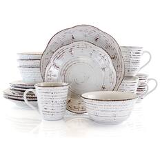 Front. Elama - Elama Rustic Birch 16 Piece Stoneware Round Dinnerware Set in White - White.