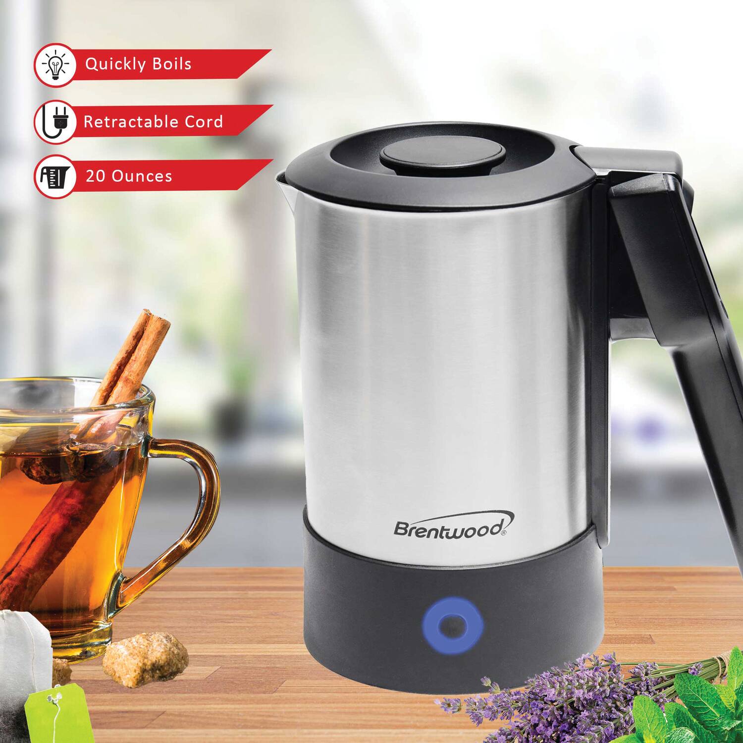 Quickly Boils  
Retractable Cord  
20 Ounces  

Brentwood