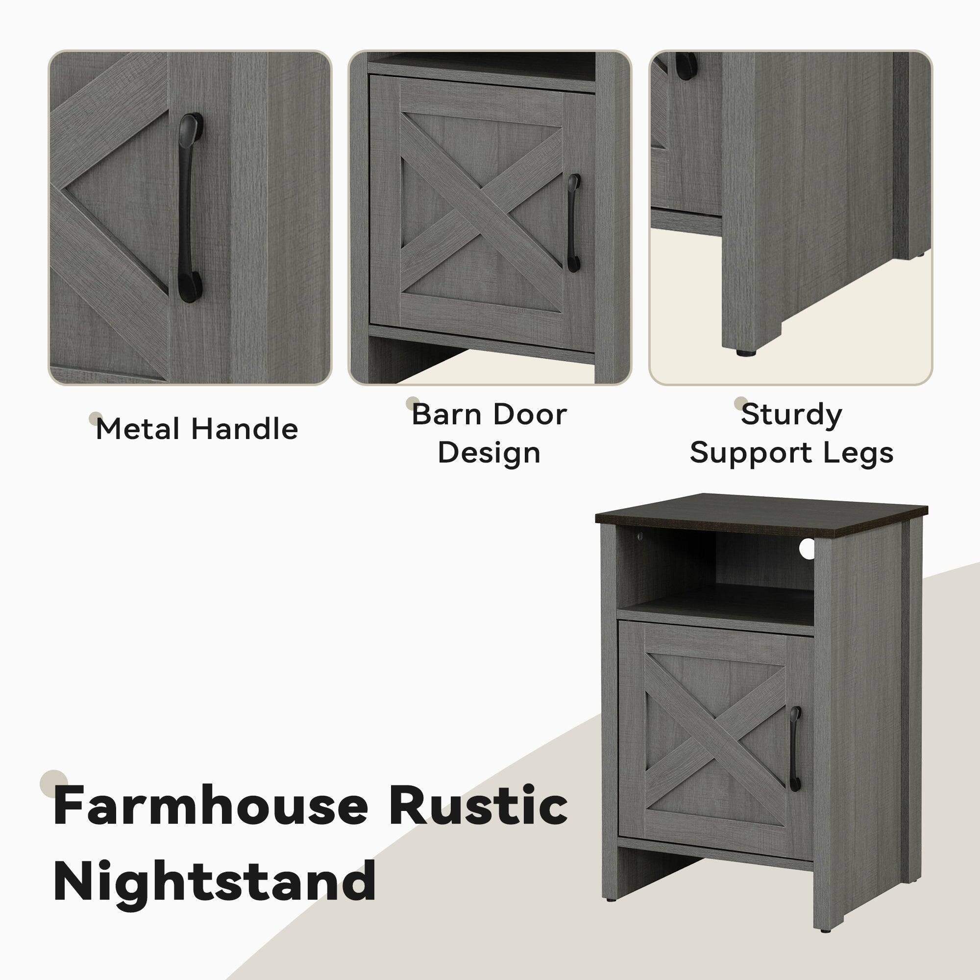 Metal Handle  
Barn Door Design  
Sturdy Support Legs  

Farmhouse Rustic Nightstand
