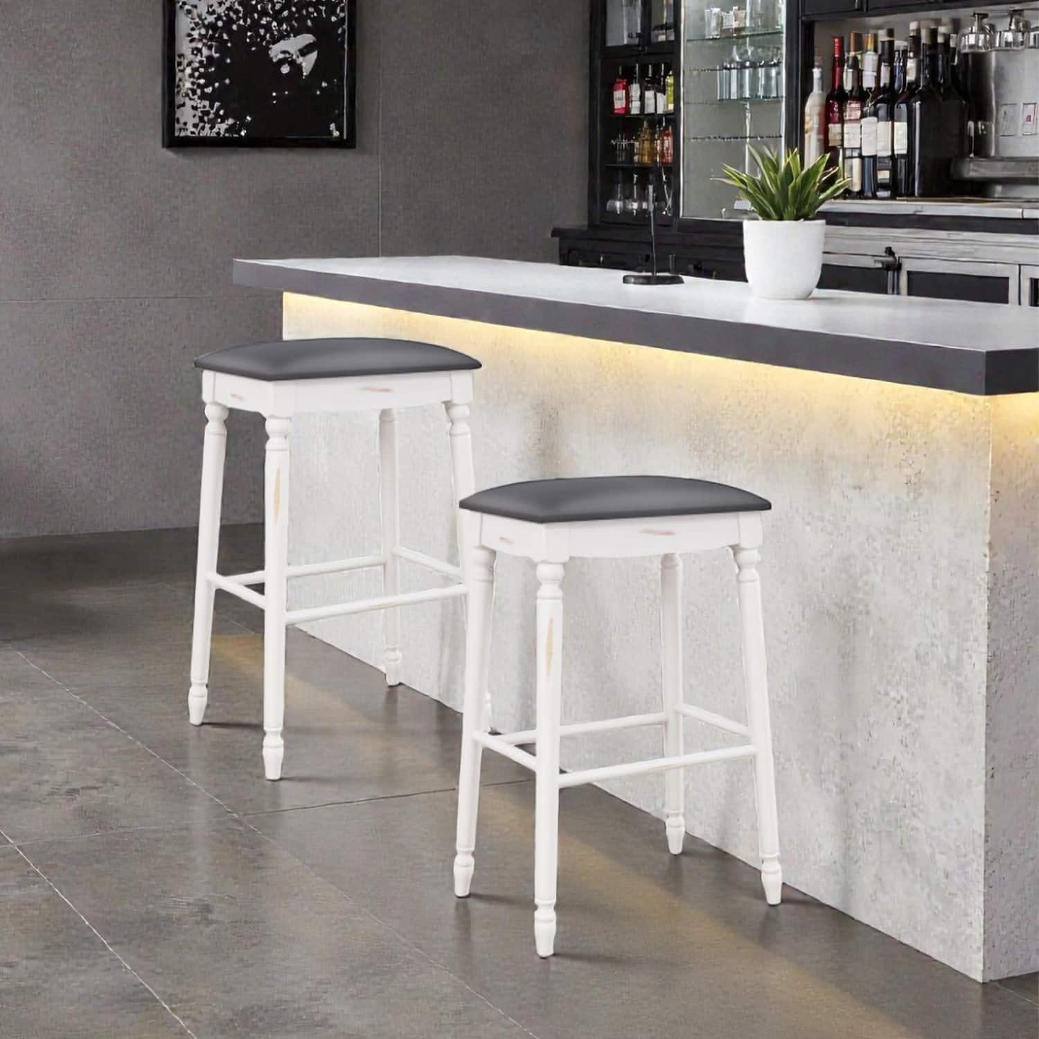 Hivvago - Set of 2 Bar Stools with Cushioned Seats and Wooden Legs - 29 inches - Gray & White