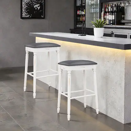 Front. Hivvago - Set of 2 Bar Stools with Cushioned Seats and Wooden Legs - 29 inches - Gray & White.