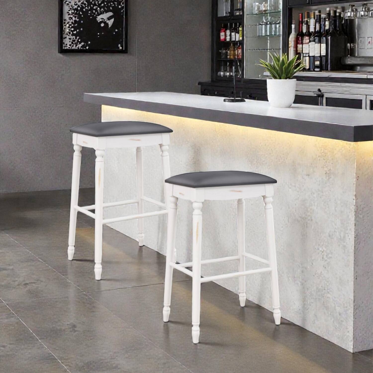 Front. Hivvago - Set of 2 Bar Stools with Cushioned Seats and Wooden Legs - 29 inches - Gray & White.