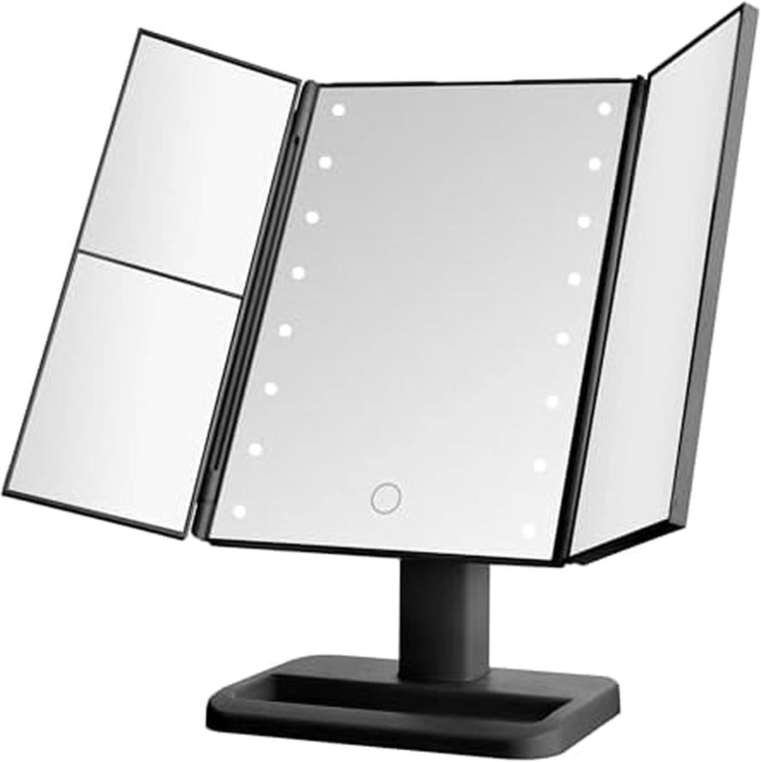 Stamp n Camp - Elements Tri Fold LED Vanity Mirror, 3 Magnifications and Dimmable Lights, 7.09x4.69x11.61 Inch - Black