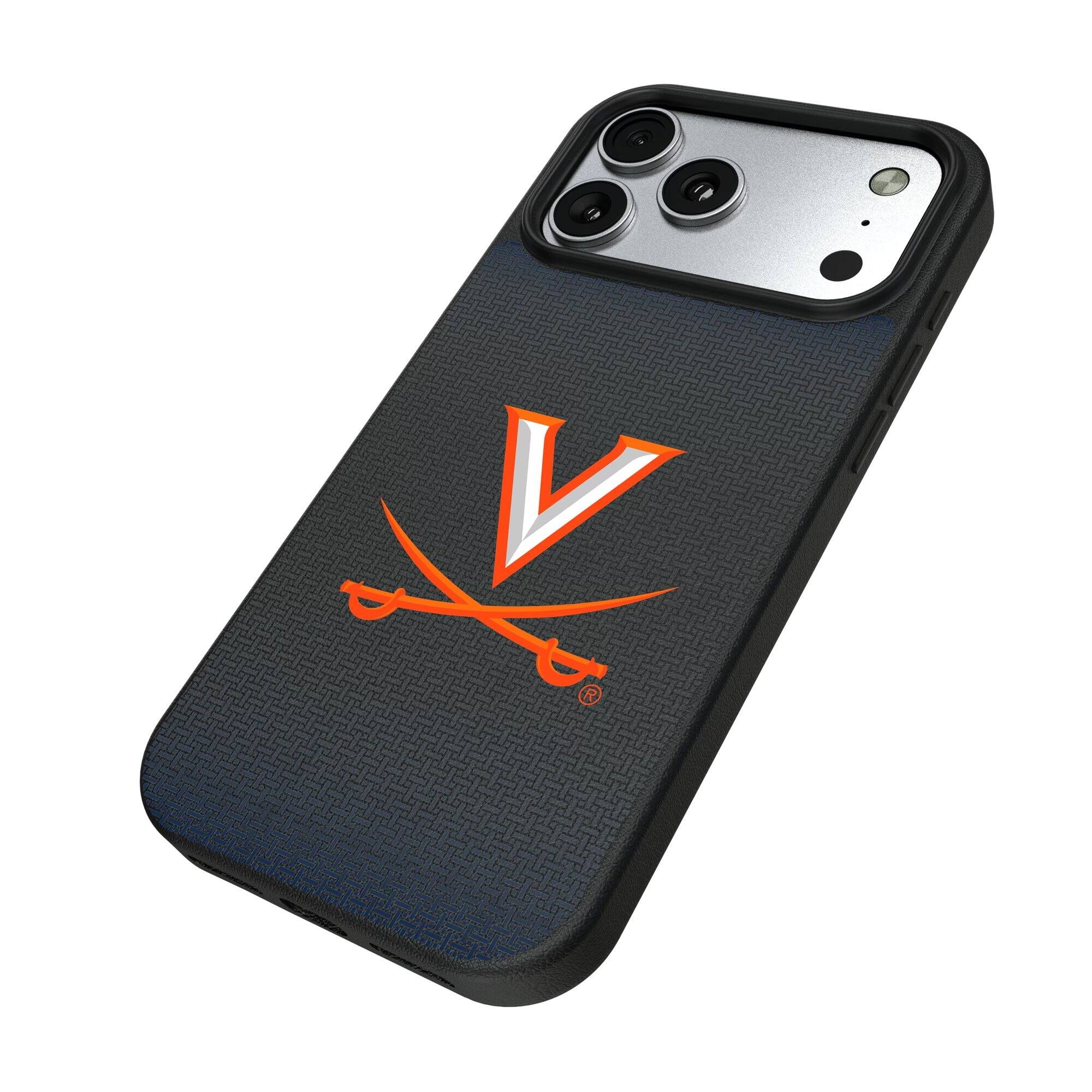 Alt View 1. Keyscaper - Virginia Cavaliers Linen Logo iPhone Magnetic Bump Case - 15 Pro Max - Black.