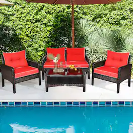 Gymax - 4PCS Rattan Patio Conversation Set Cushioned Outdoor Furniture Set - Red